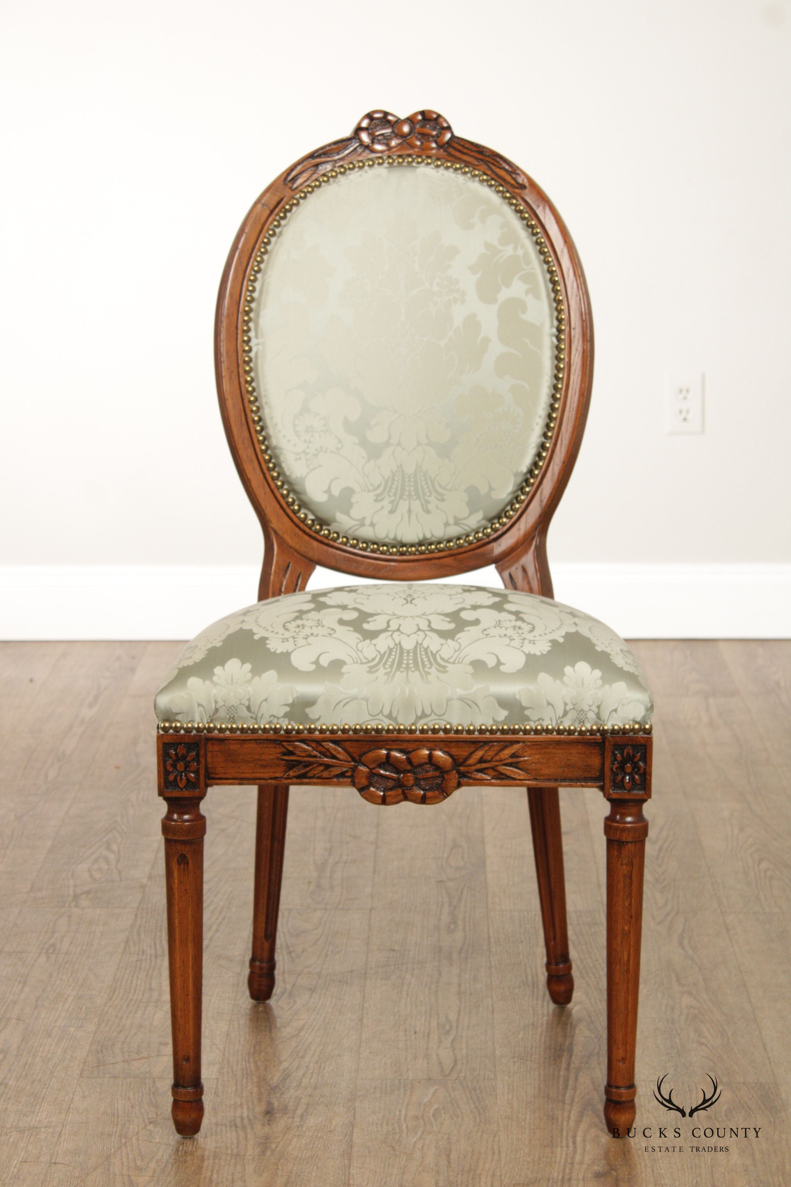 French Louis XVI Style Set of Six Carved Walnut Oval Back Dining Chairs