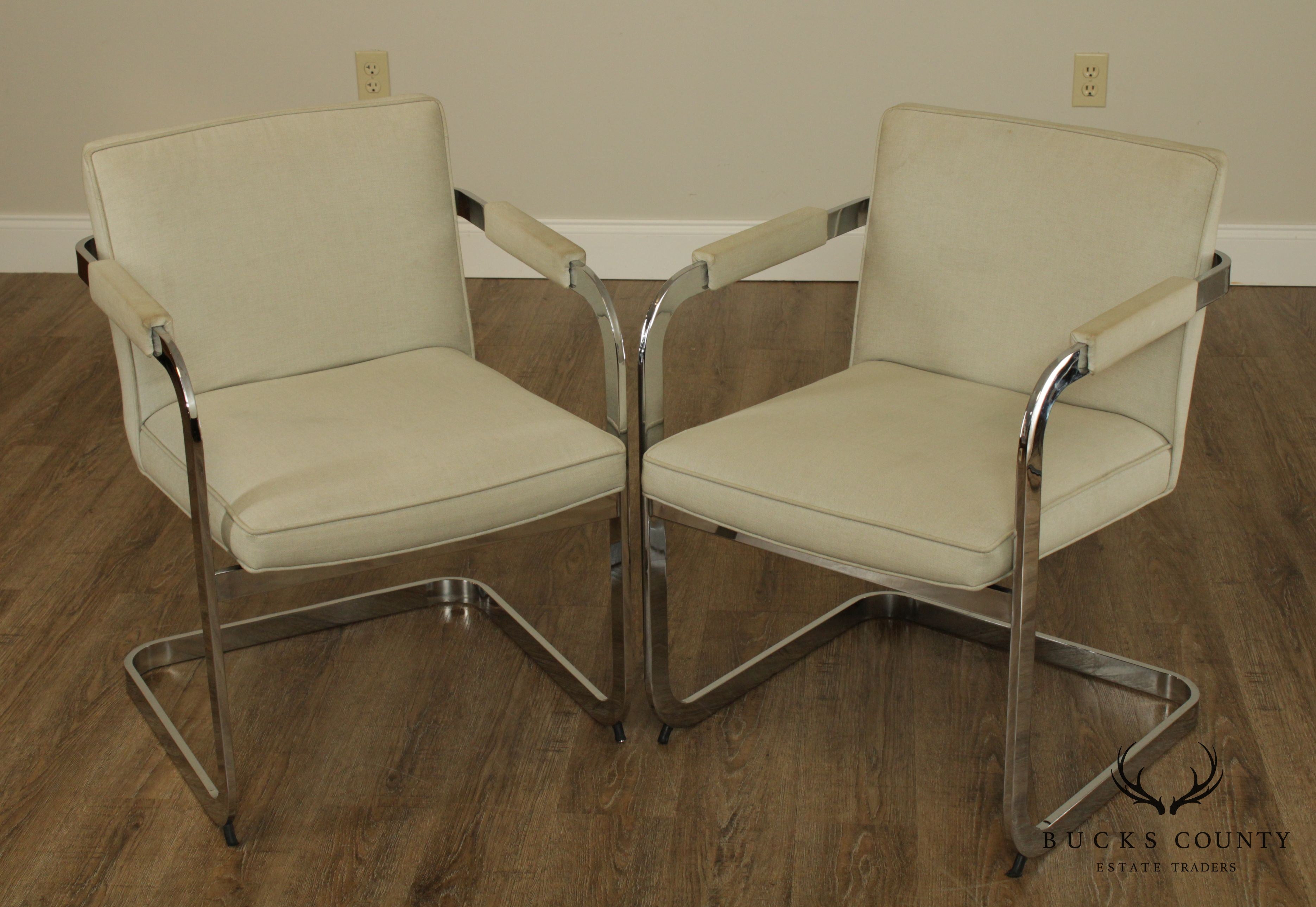 Mid Century Modern Pair Chrome Frame Cantilevered Armchairs