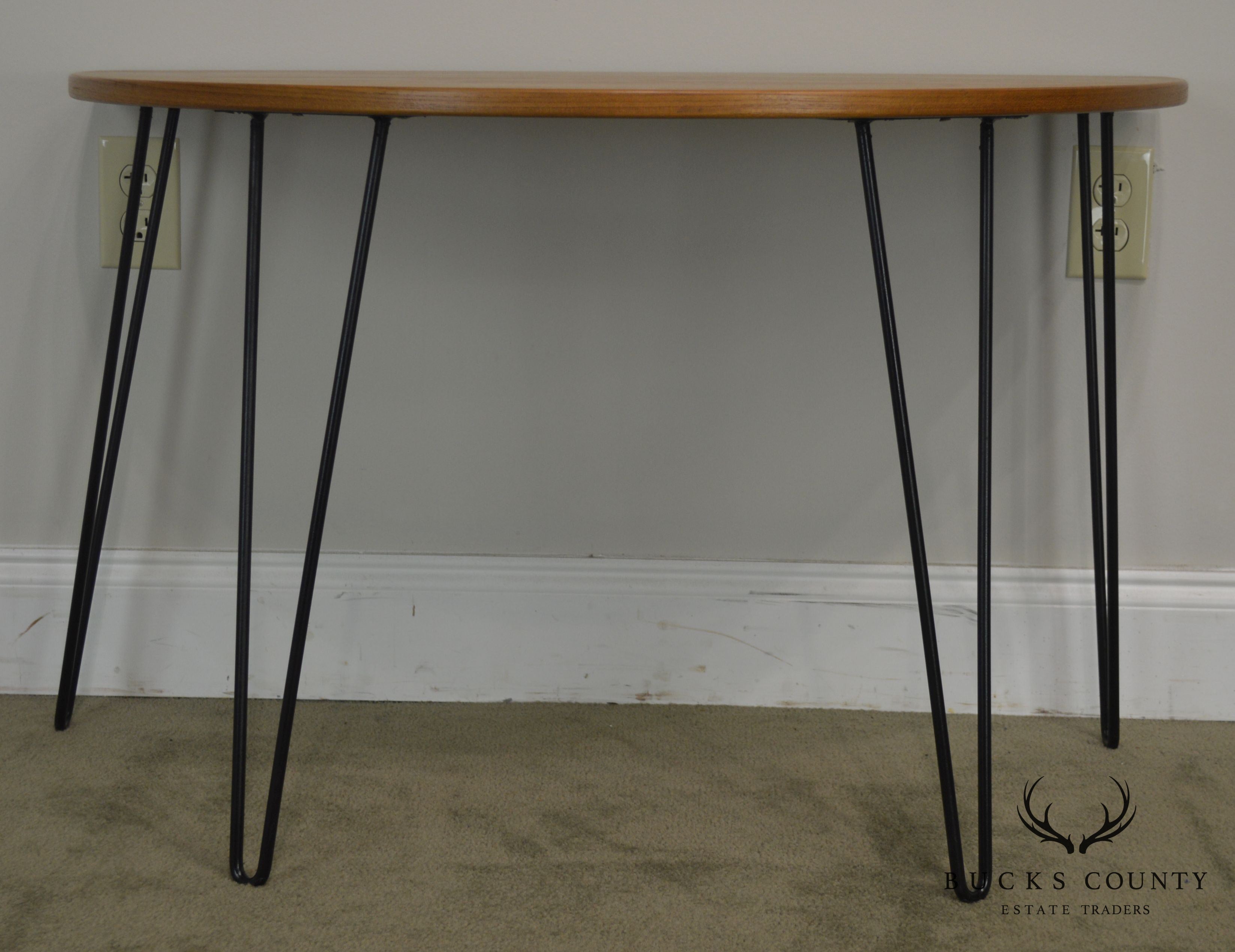 Danish Modern Style Demilune Teak Console Table with Iron Hair Pin Legs