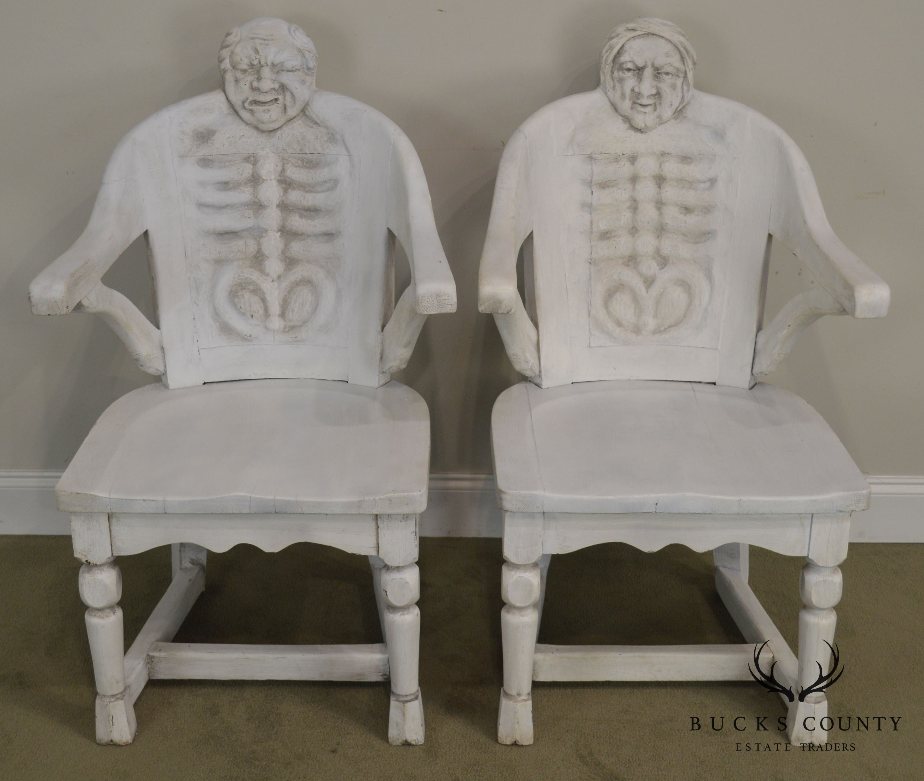 Antique Carved His & Hers Pair Chiropractors Skeleton Arm Chairs