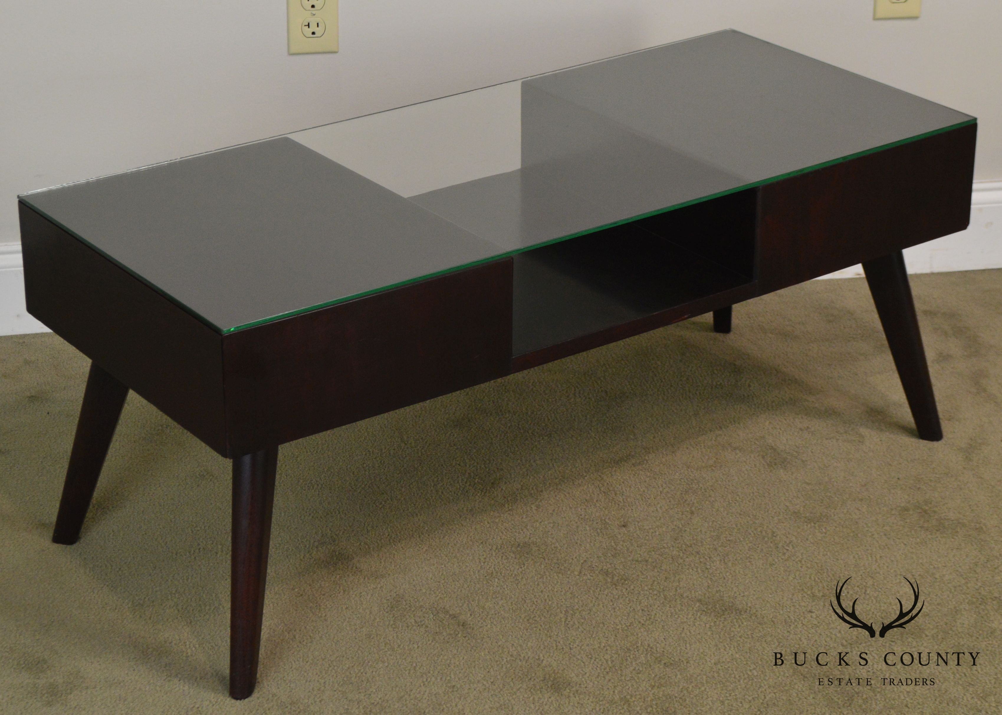 Mid Century Modern Vintage Mahogany 2 Drawer Glass Top Coffee Table