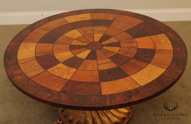 Quality Empire Style 42 inch Round Mixed Woods Inlaid Gilt Base Coffee Table