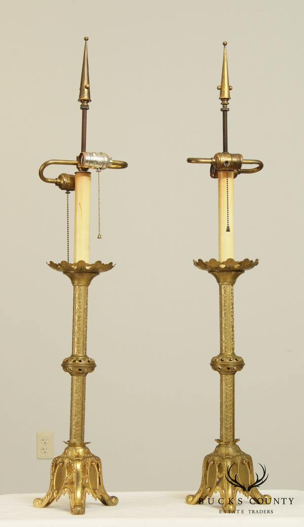 Gothic Revival Antique Aesthetic Brass Pair Converted Candlesticks Lamps