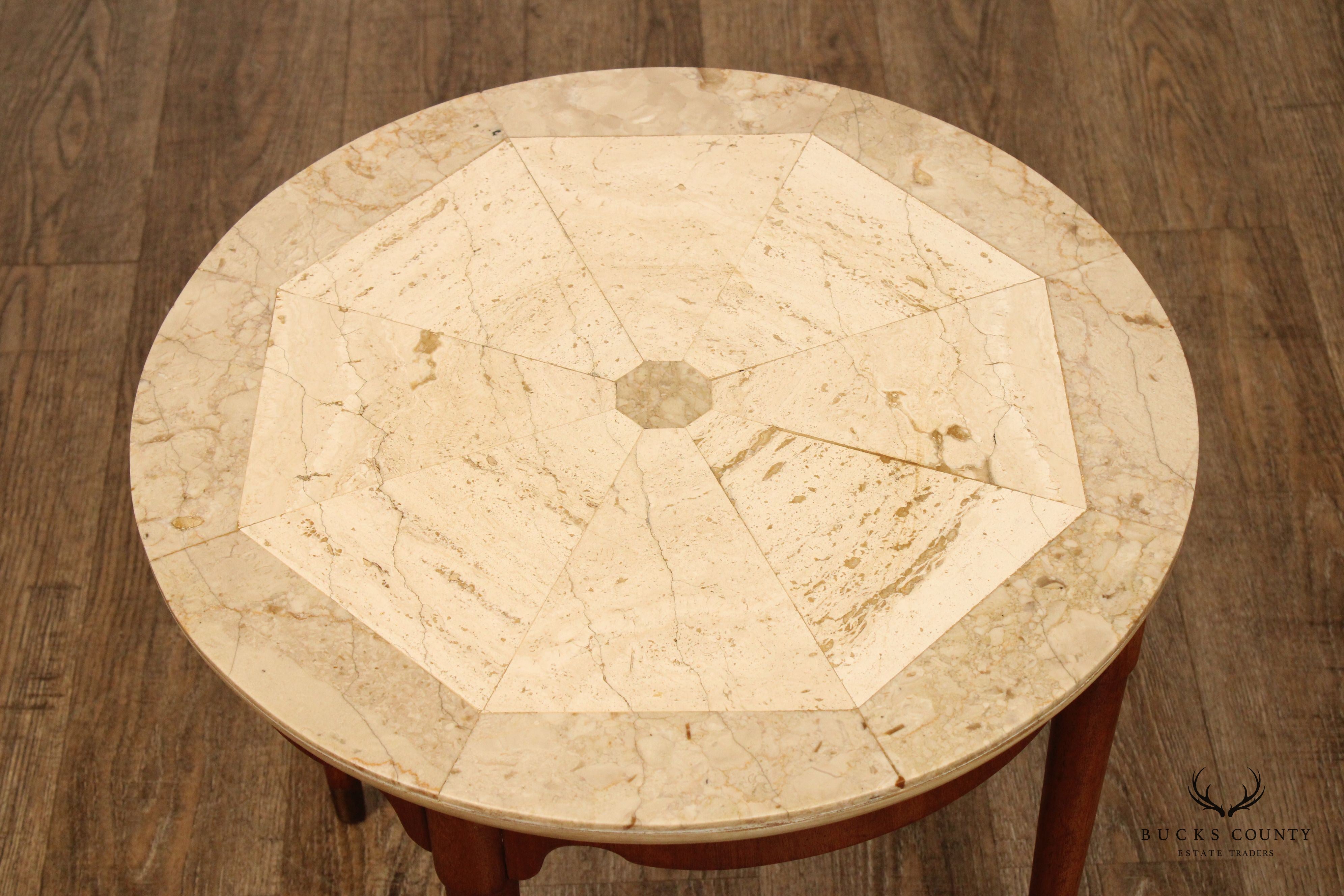 Italian Mid Century Round Travertine Top Walnut Side Table