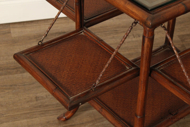 Vintage Pair of Glass Top Bamboo and Wicker Drop-Leaf Side Tables