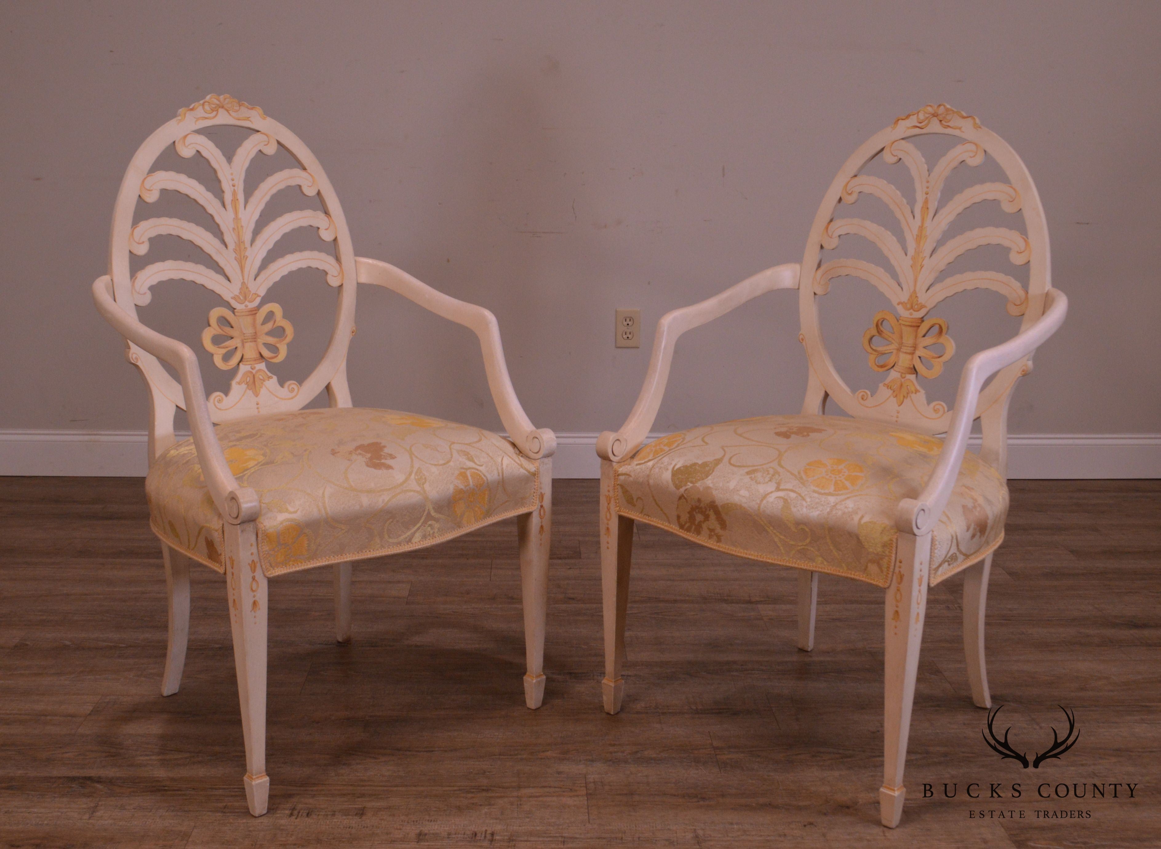 Hepplewhite Style Custom Adams Hand Painted Prince of Wales Pair Armchairs