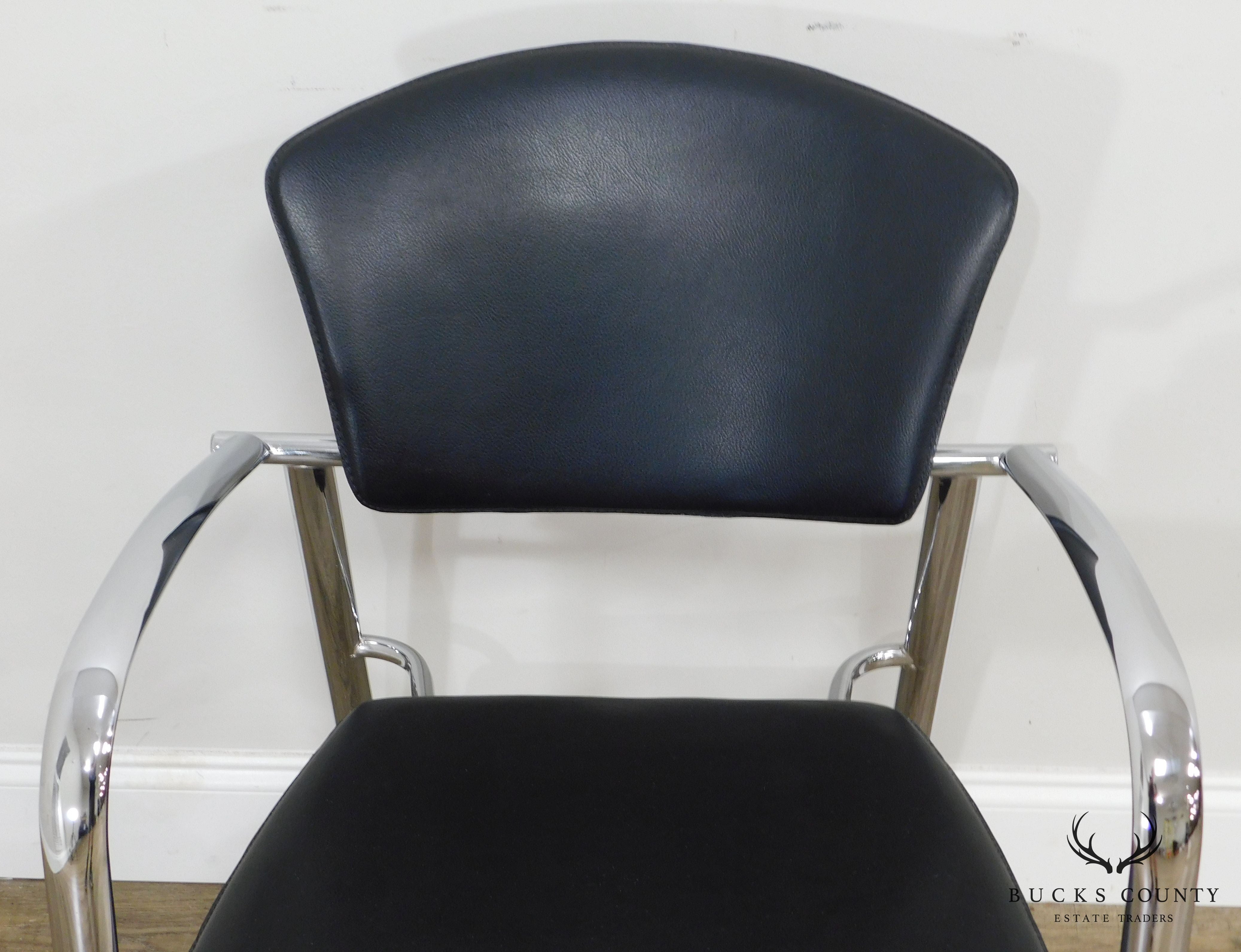 Brayton International Collection Steelcase Pair Chrome & Black Leather Armchairs