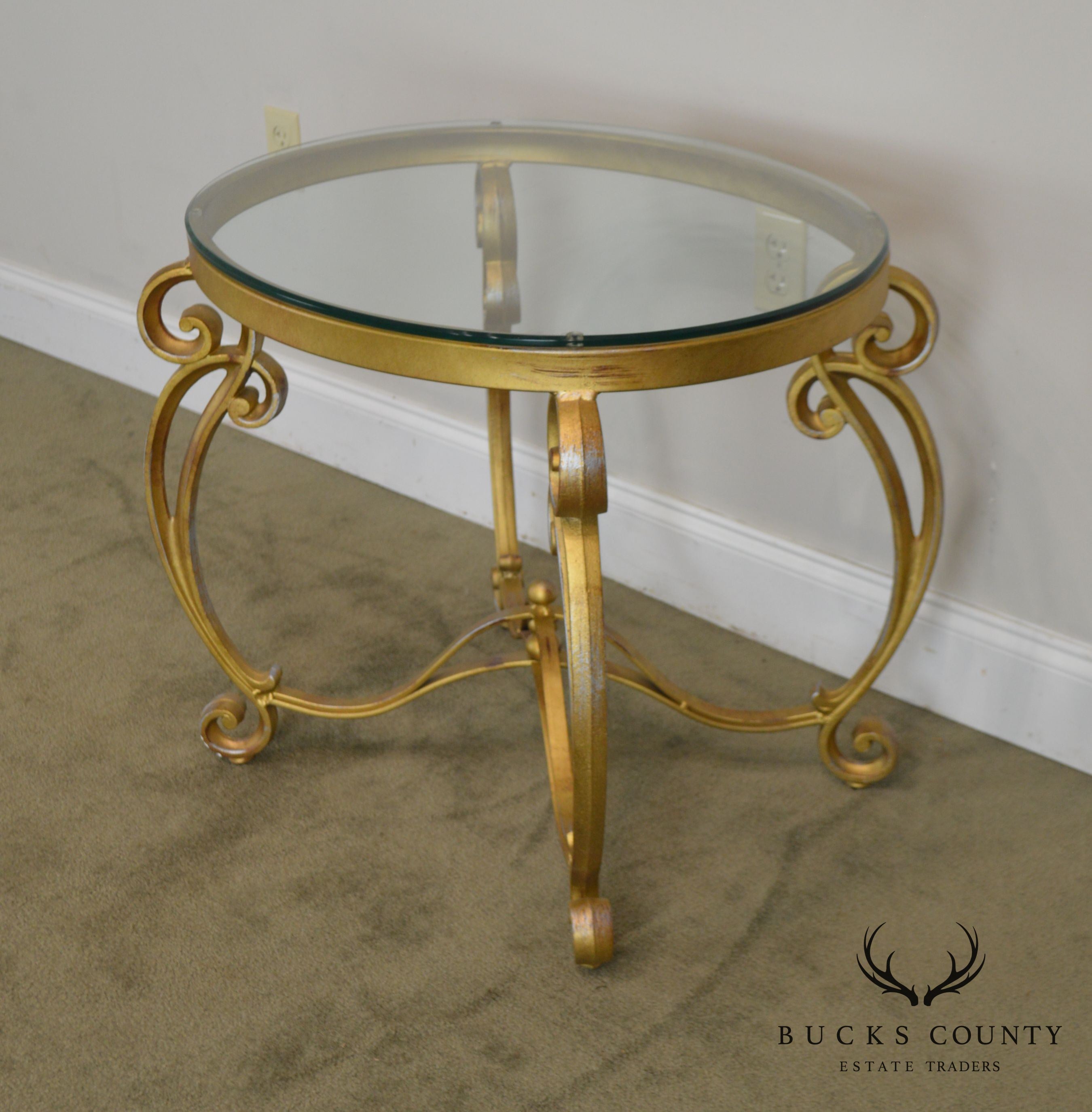 Rococo Style Gilt Metal Scrolled Base Glass Top Side Table