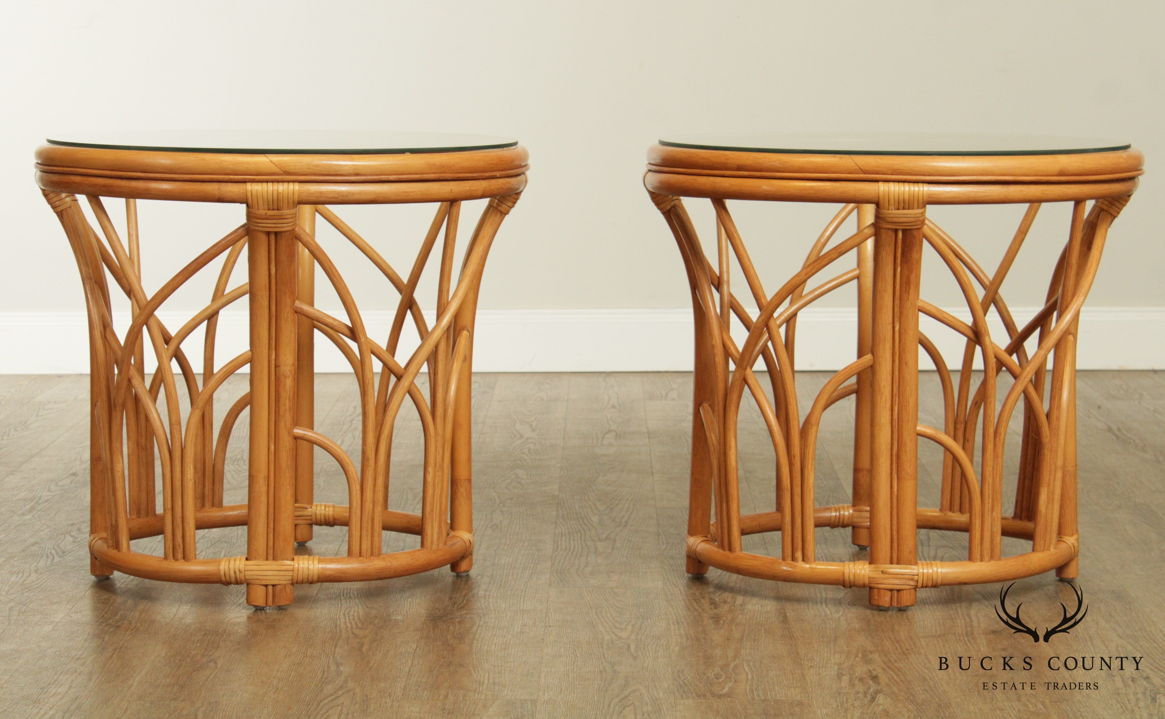 Quality Vintage Pair Rattan Round Glass Top Side Tables