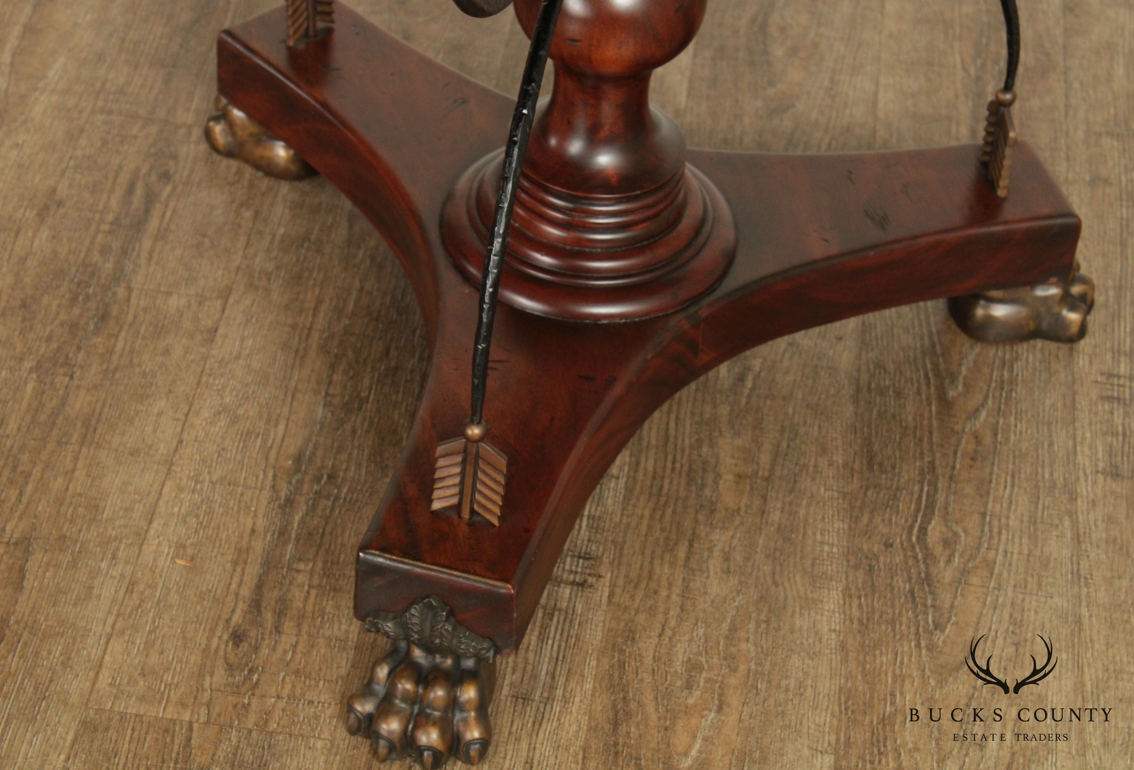 Neoclassical Style Round Solid Mahogany Center Table with Crossed Arrows, Bronze Claw Feet