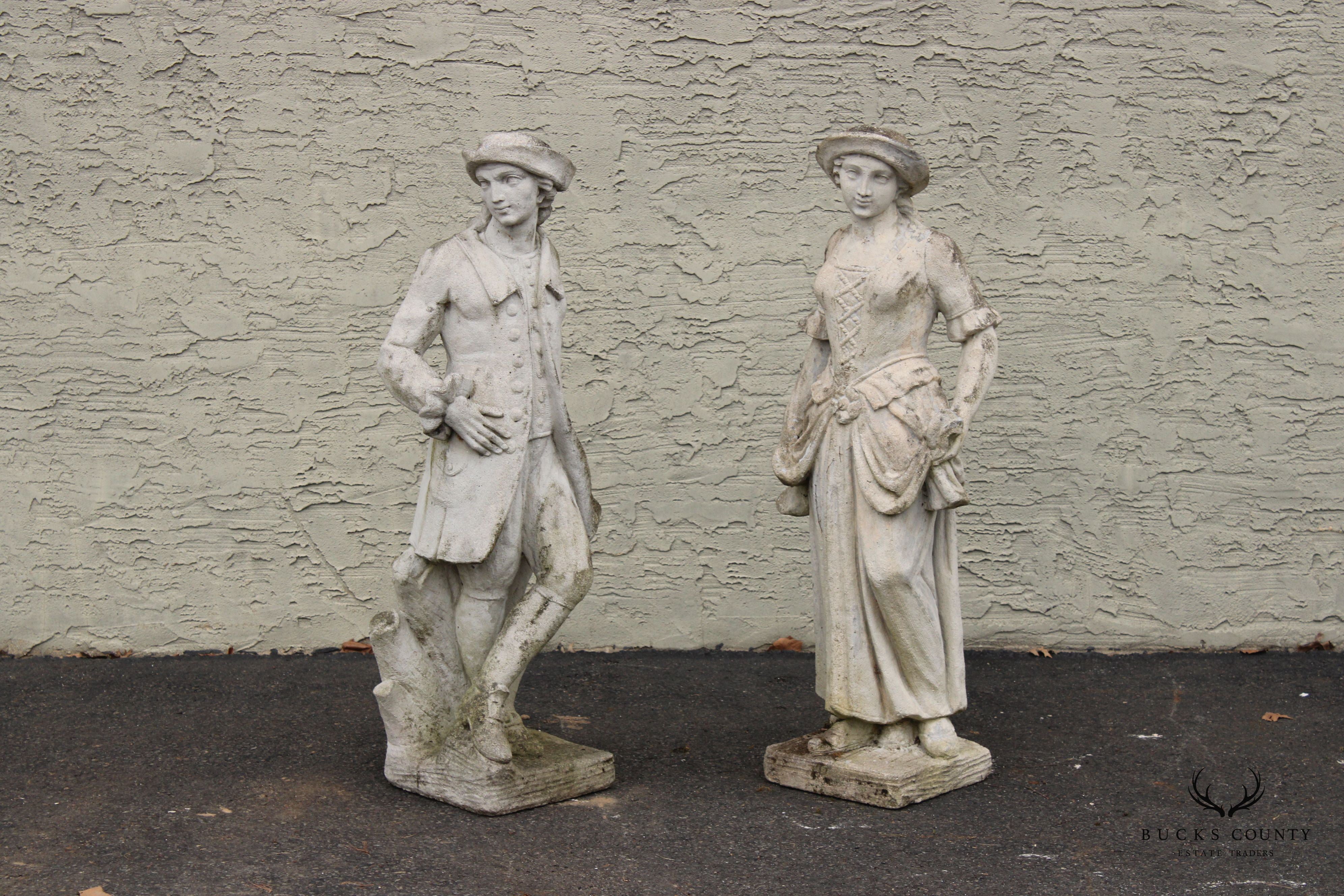 English Style Vintage Pair Figural Cast Stone Garden Statues