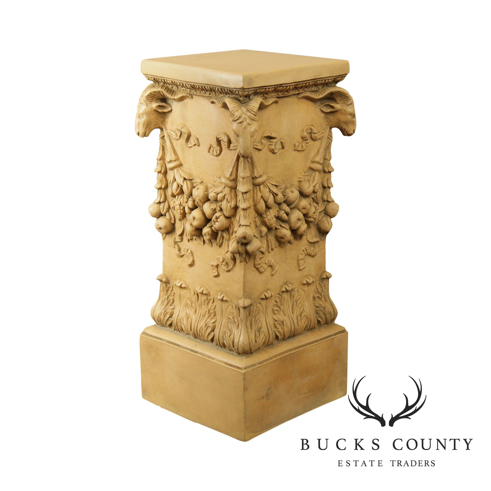 Impruneta Italian Renaissance Style Vintage Carved Column Pedestal with Rams Heads