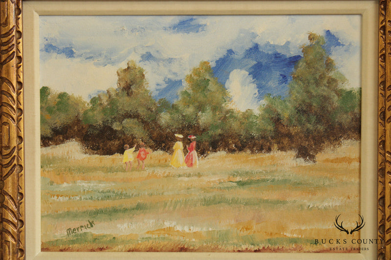 Merrick Signed Impressionist Oil Painting Women & Children in Field