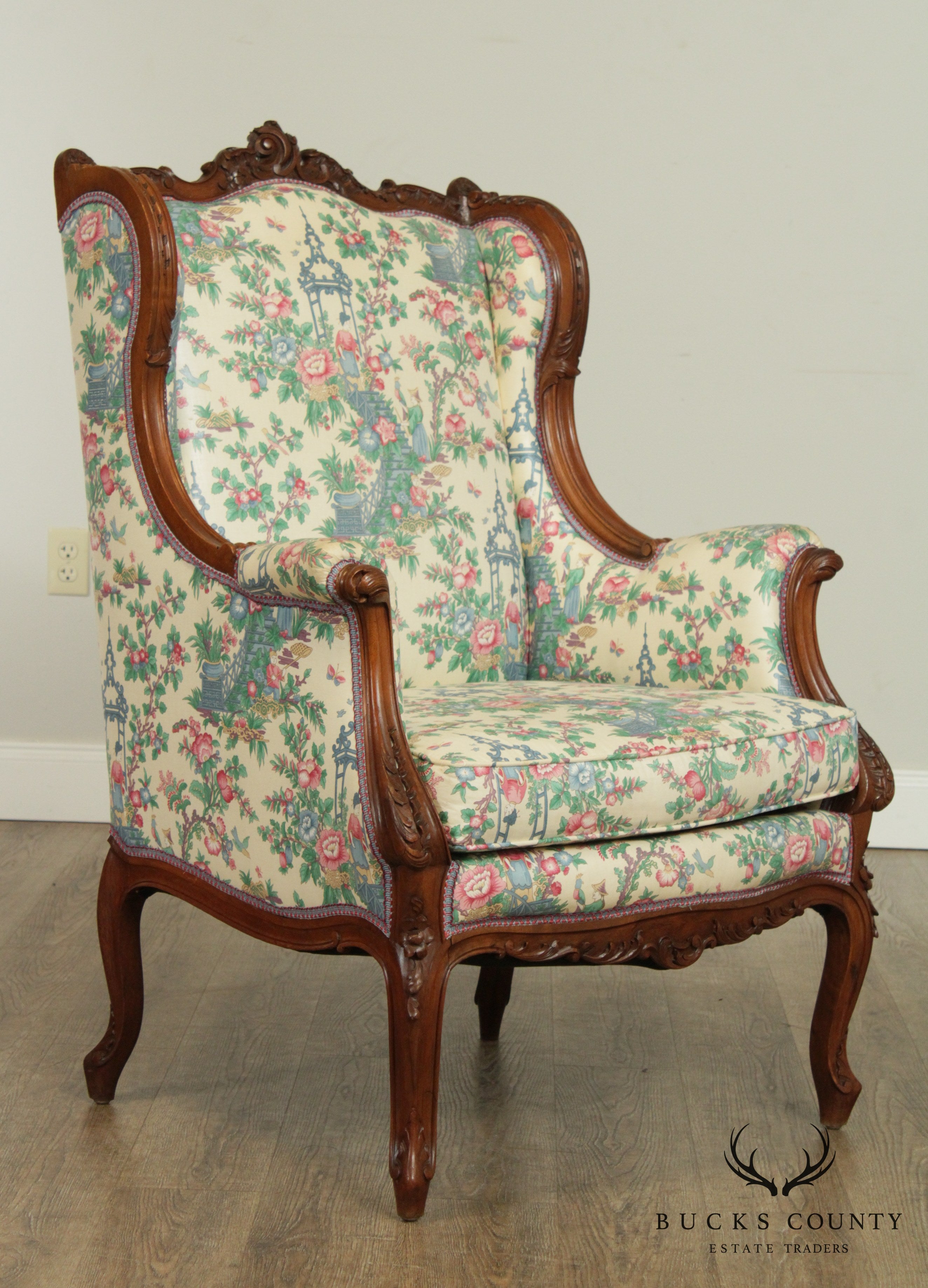 Lawsonia French Louis XV Style Vintage Carved Walnut Bergere Wing Chair