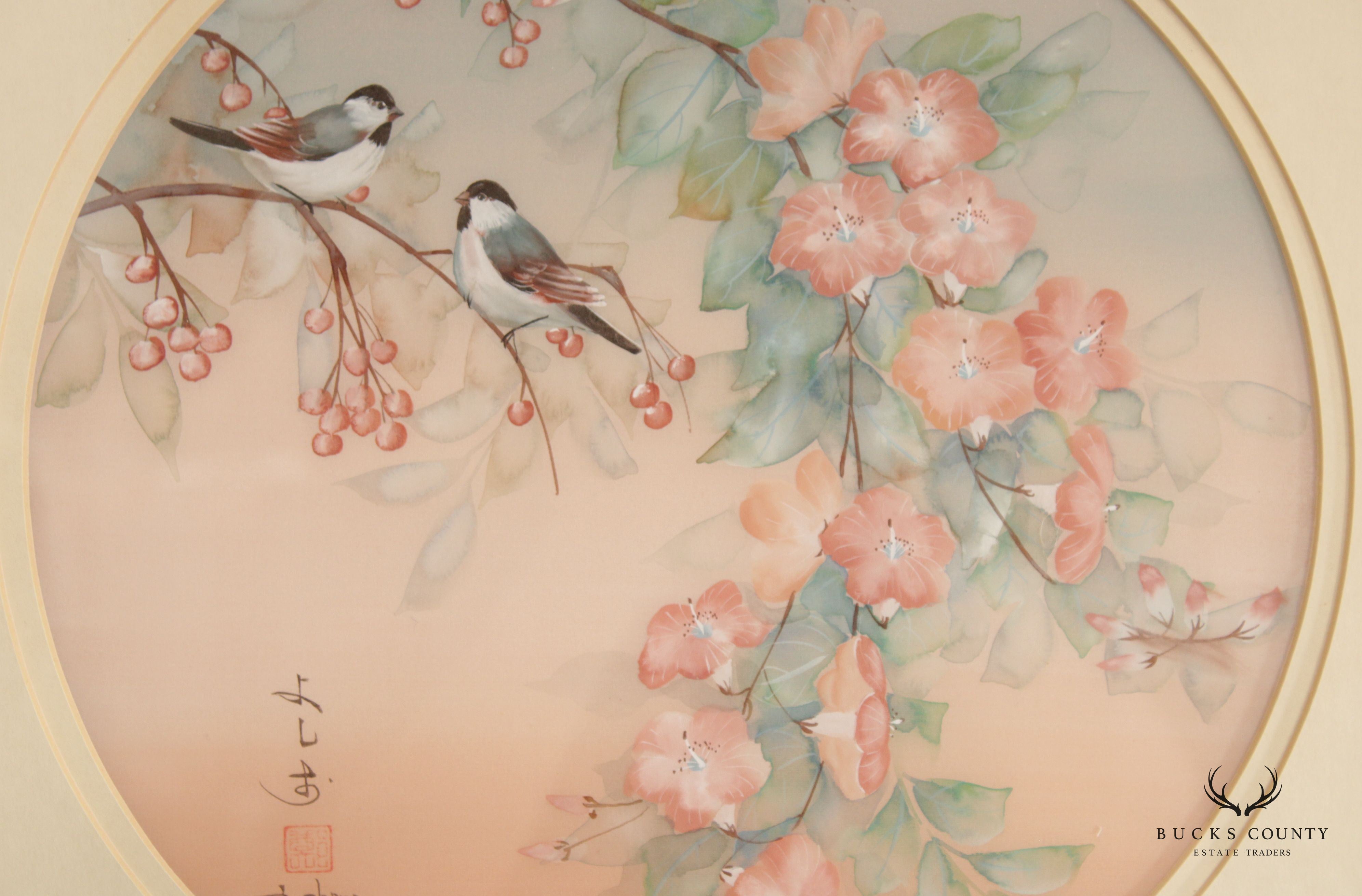 Chinese 20th C. Birds and Floral Silk Painting, Signed 'J. Cheng'