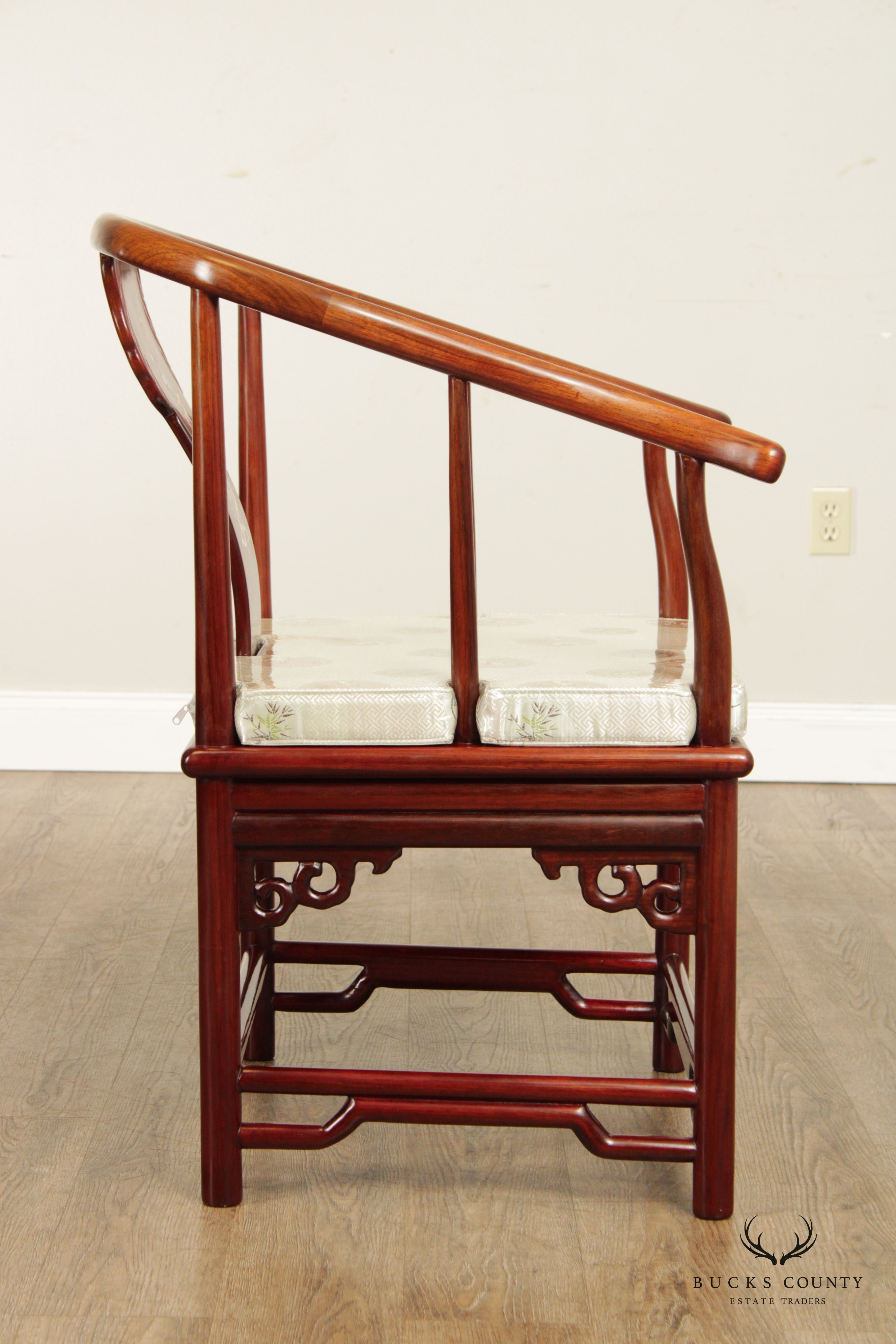 Chinese Pair Rosewood and Mother of Pearl Inlaid Horseshoe Armchairs