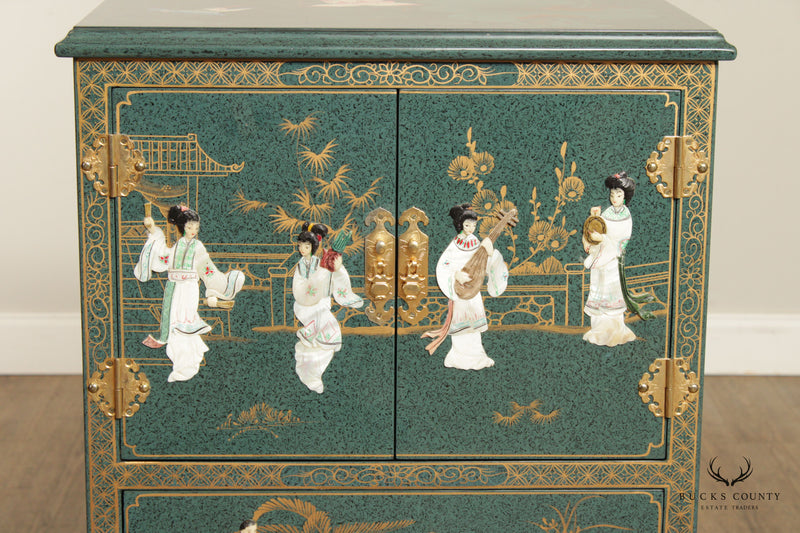 Asian Green Chinoiserie Lacquered Jewelry Cabinet