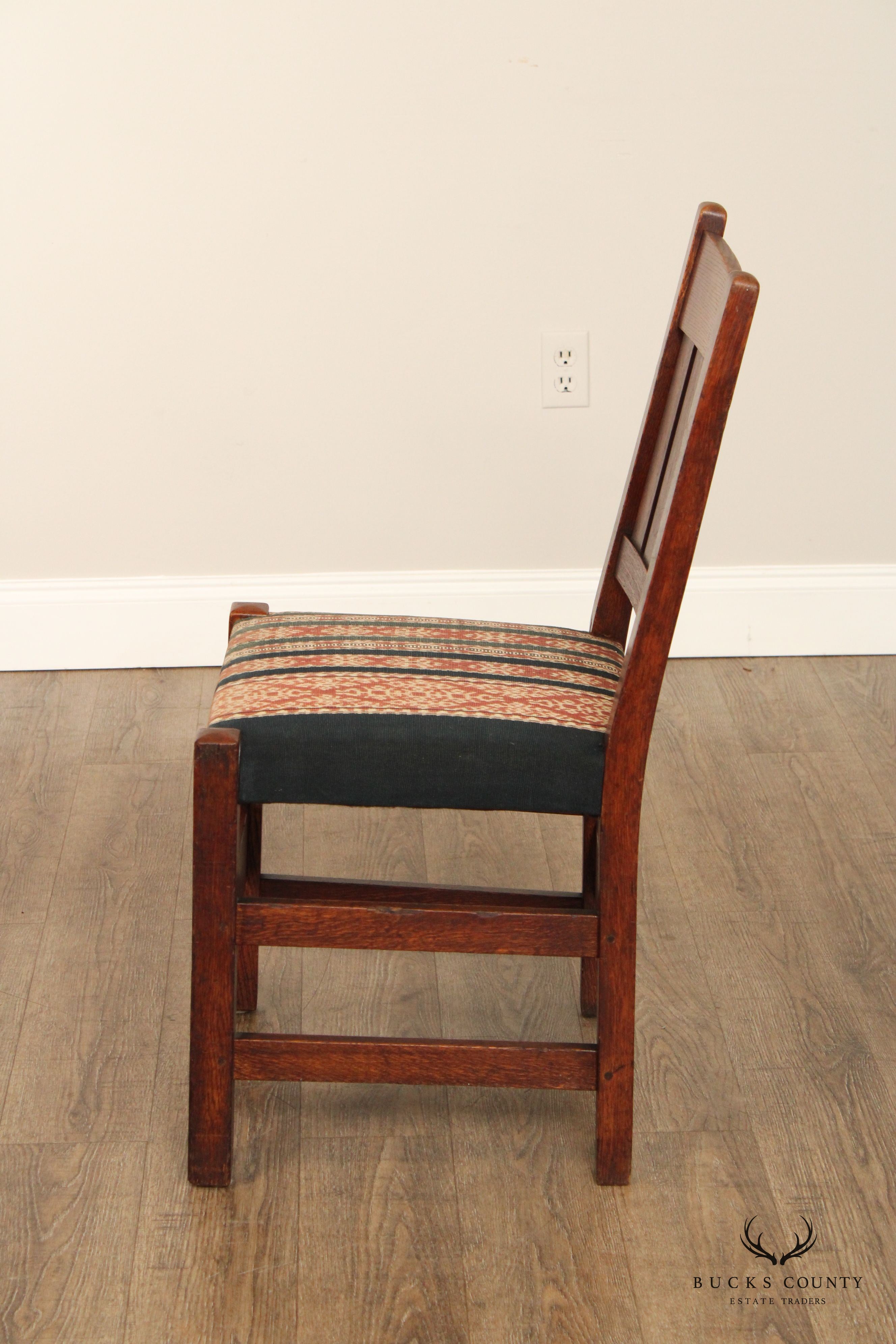 GUSTAV STICKLEY ANTIQUE MISSION PAIR OAK V BACK SIDE CHAIRS