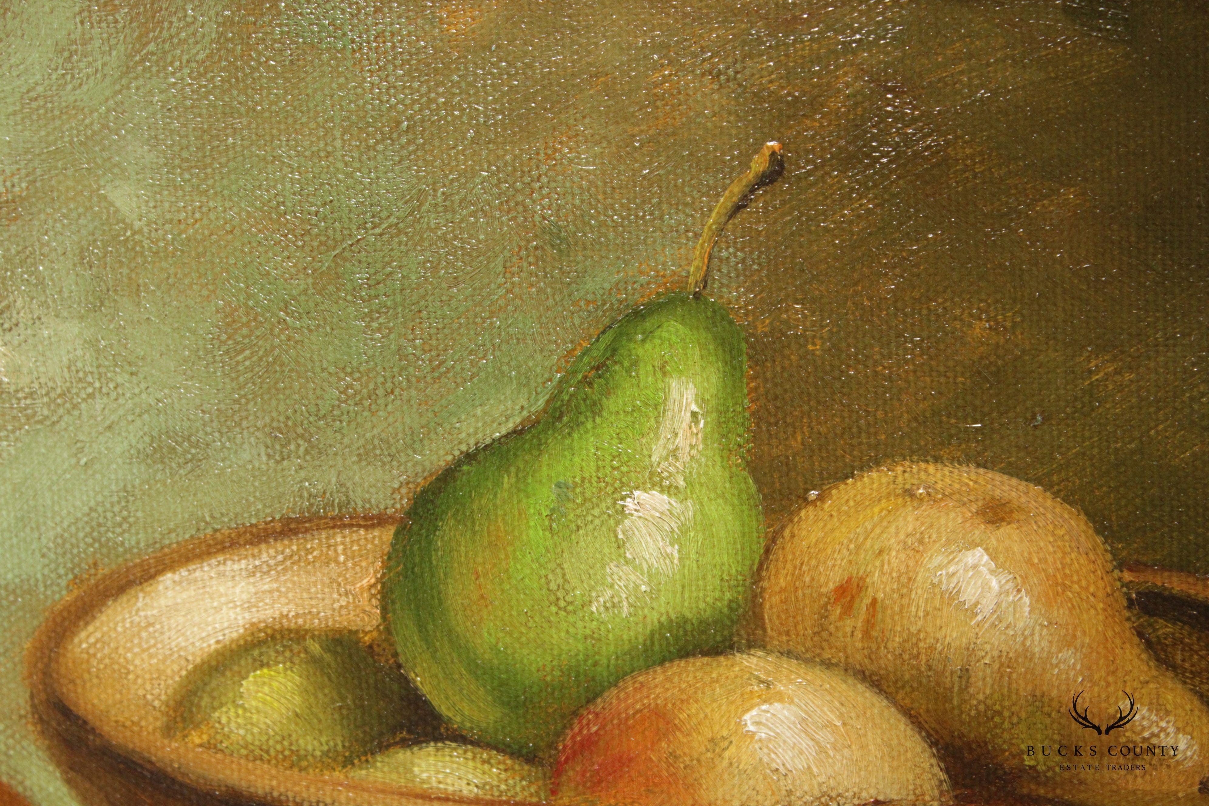 Vintage 20th C. Pear Fruit Still Life Oil Painting, Custom Framed