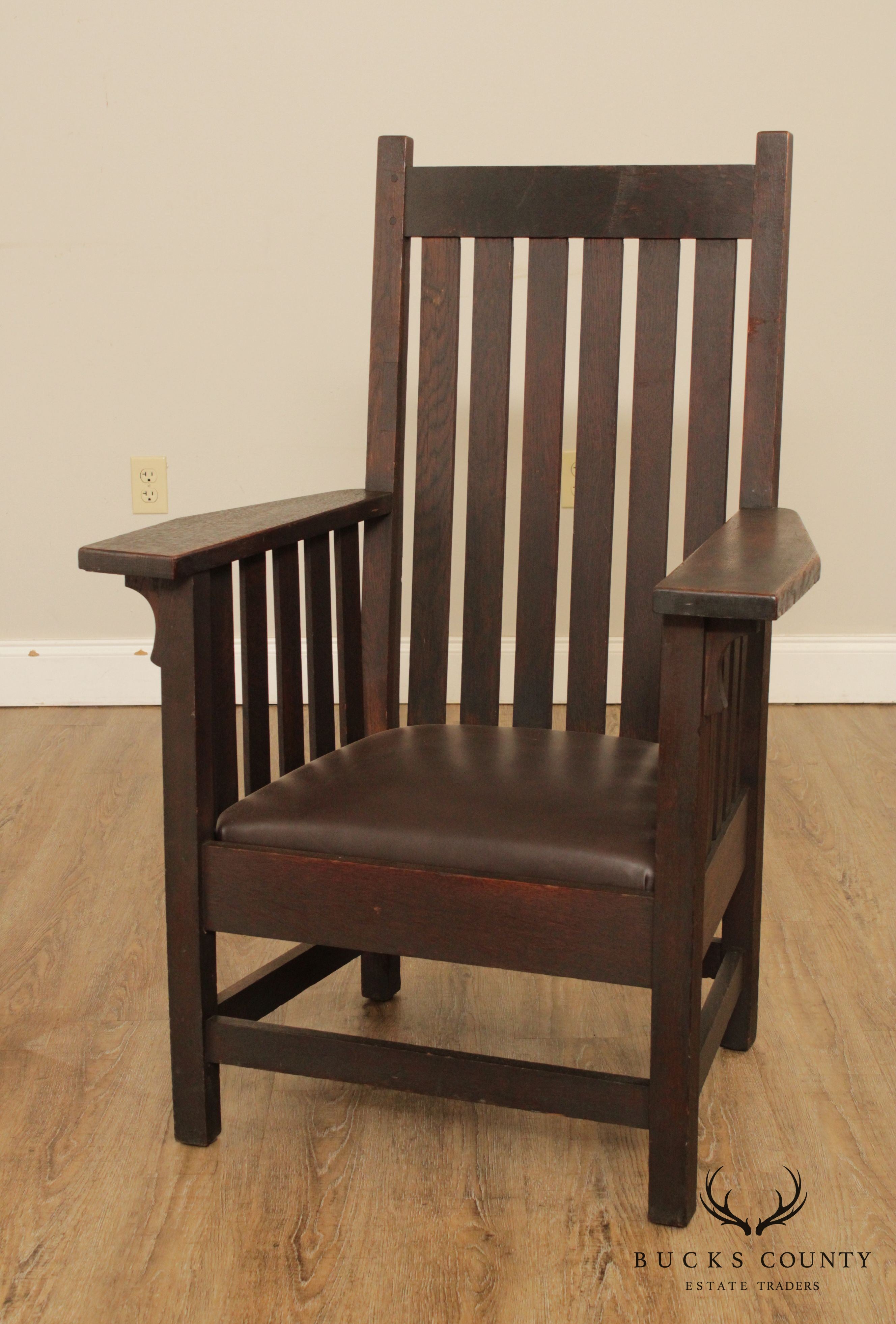 Antique Mission Oak & Leather High Back Armchair