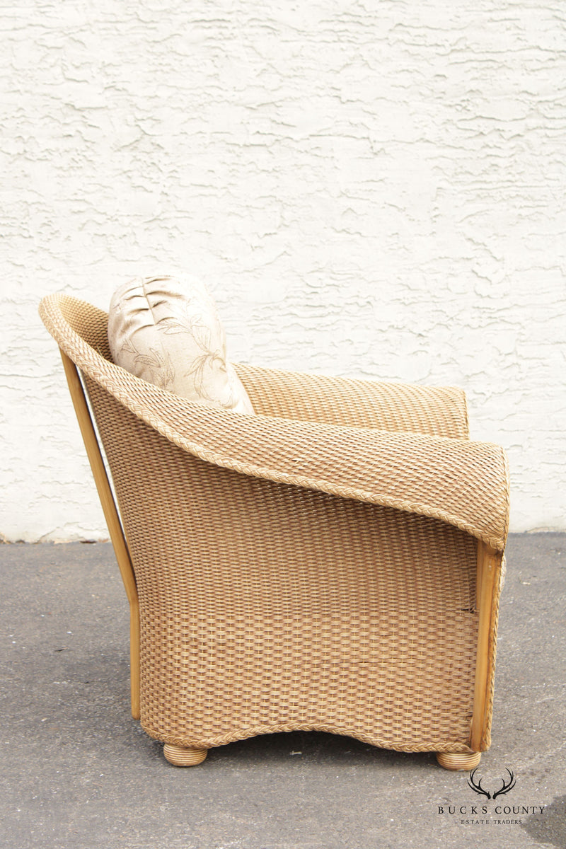 Traditional Pair of Wicker Patio Club Chairs and Matching Ottoman