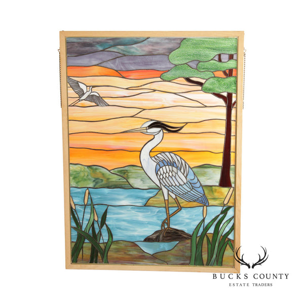 Stained Art Glass Blue Heron Landscape Large Hanging Panel