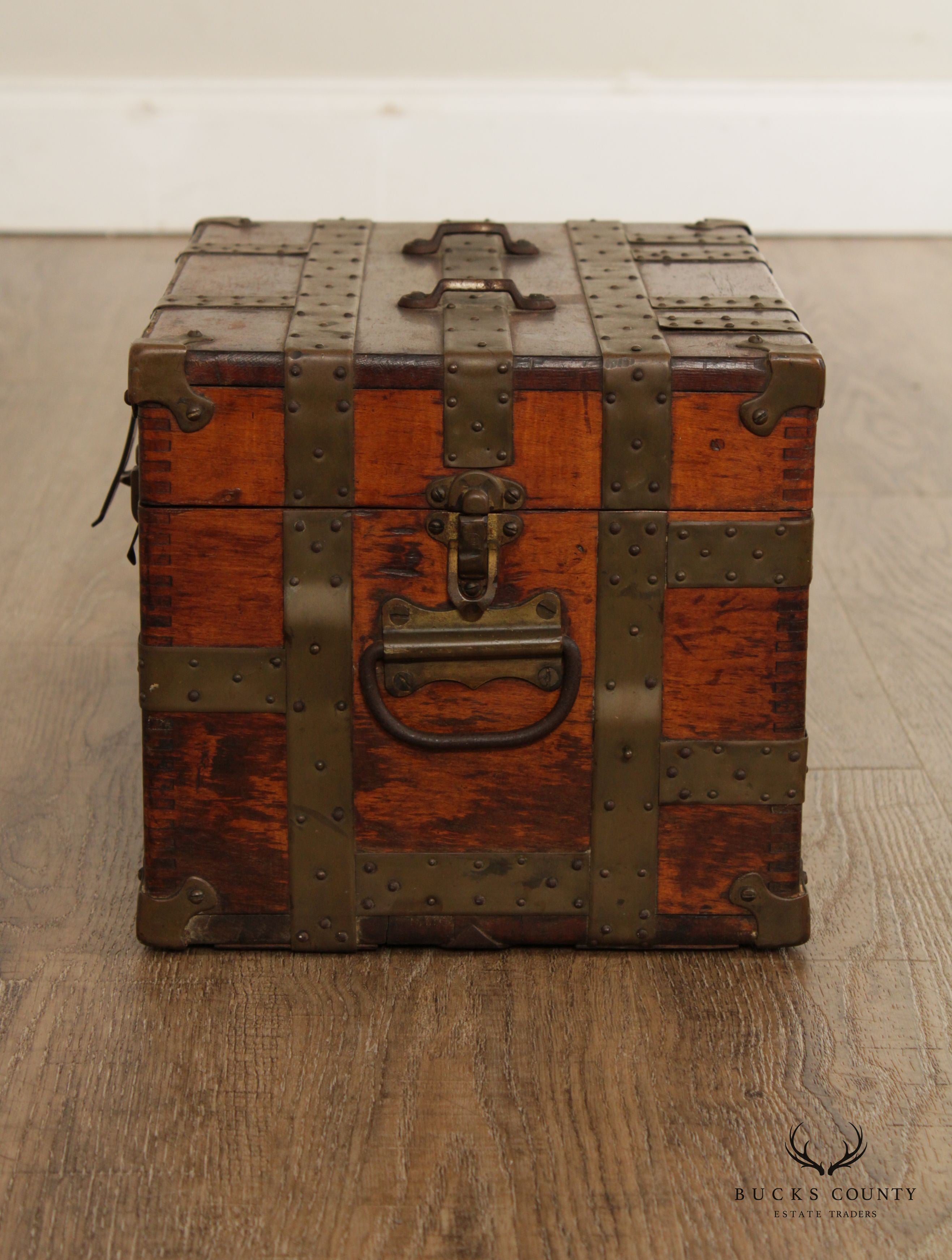 Antique Rustic Wood and Metal Small Storage Steamer Chest Trunk