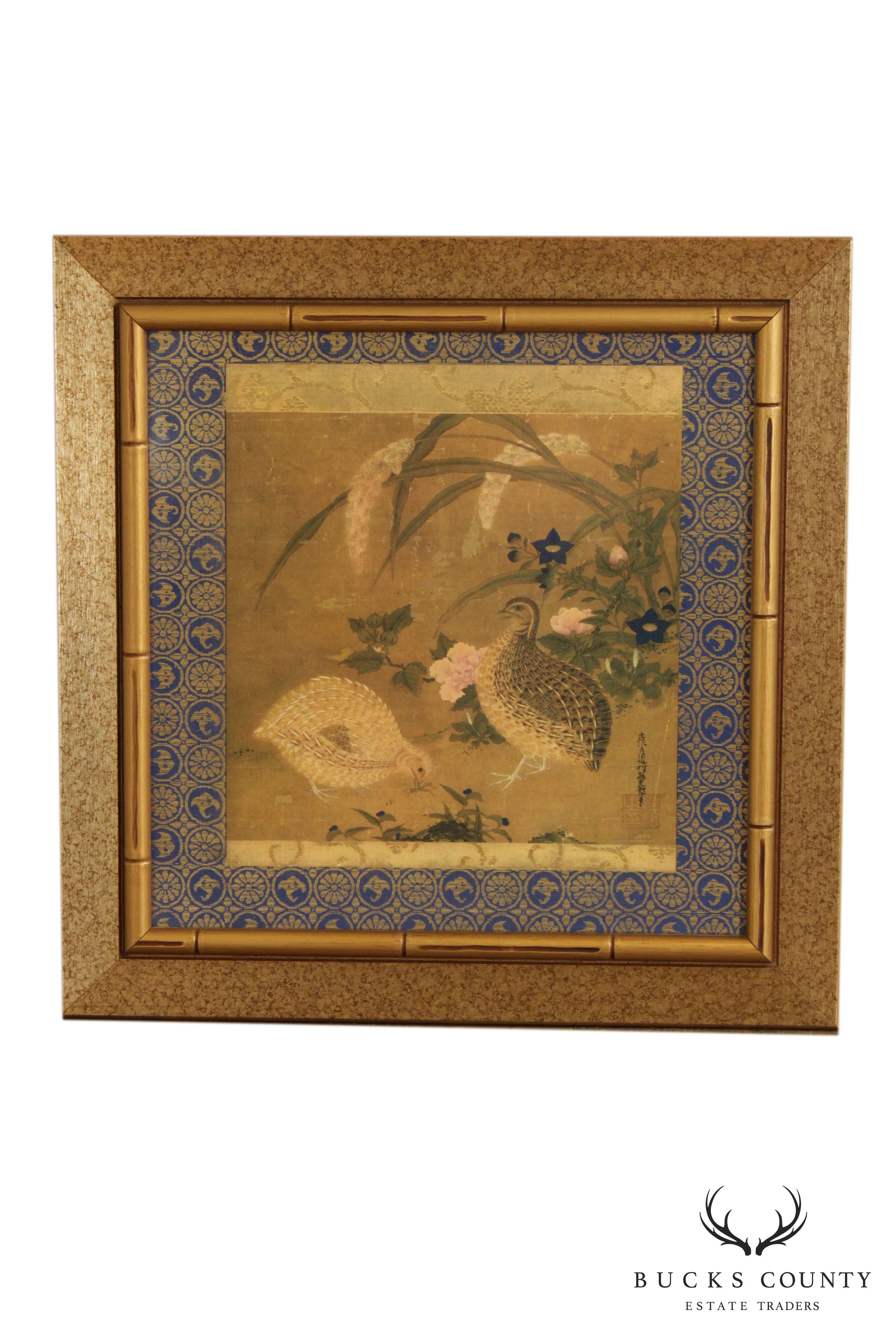 Tosa Mitsuoki "Quail Birds and Flowers" Faux Bamboo Framed Art Print