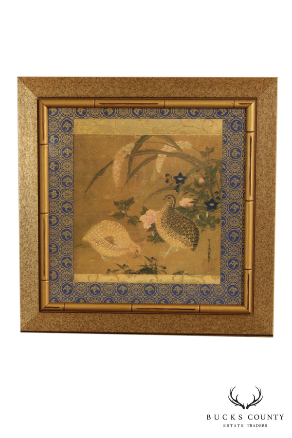 Tosa Mitsuoki "Quail Birds and Flowers" Faux Bamboo Framed Art Print
