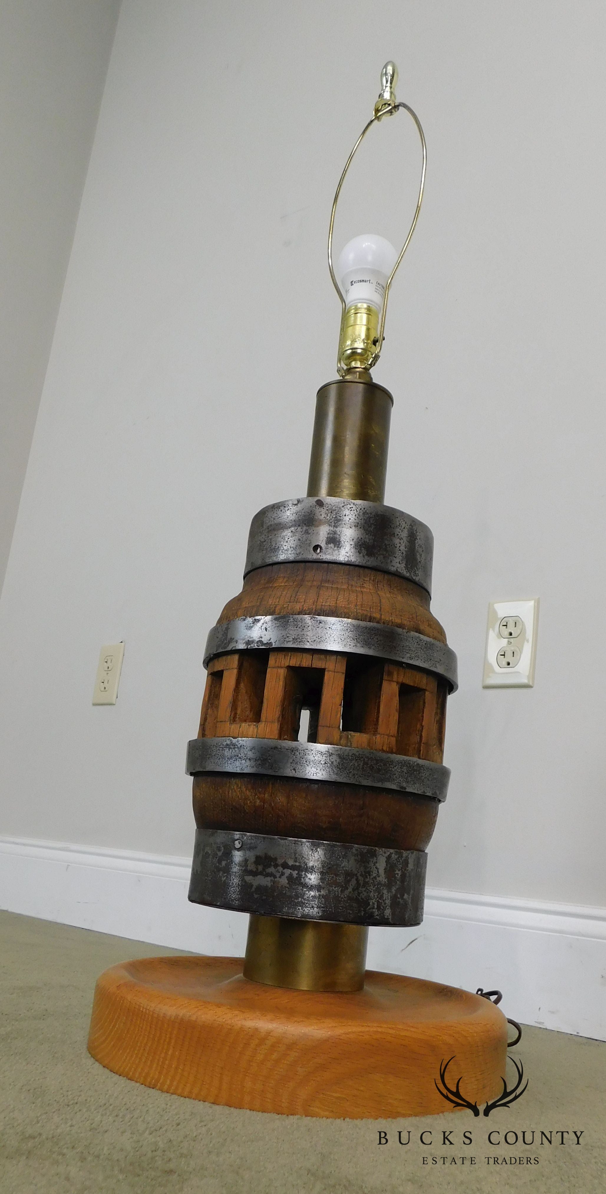 Heavy Wood and Steel Vintage Pair Barrel Table Lamps