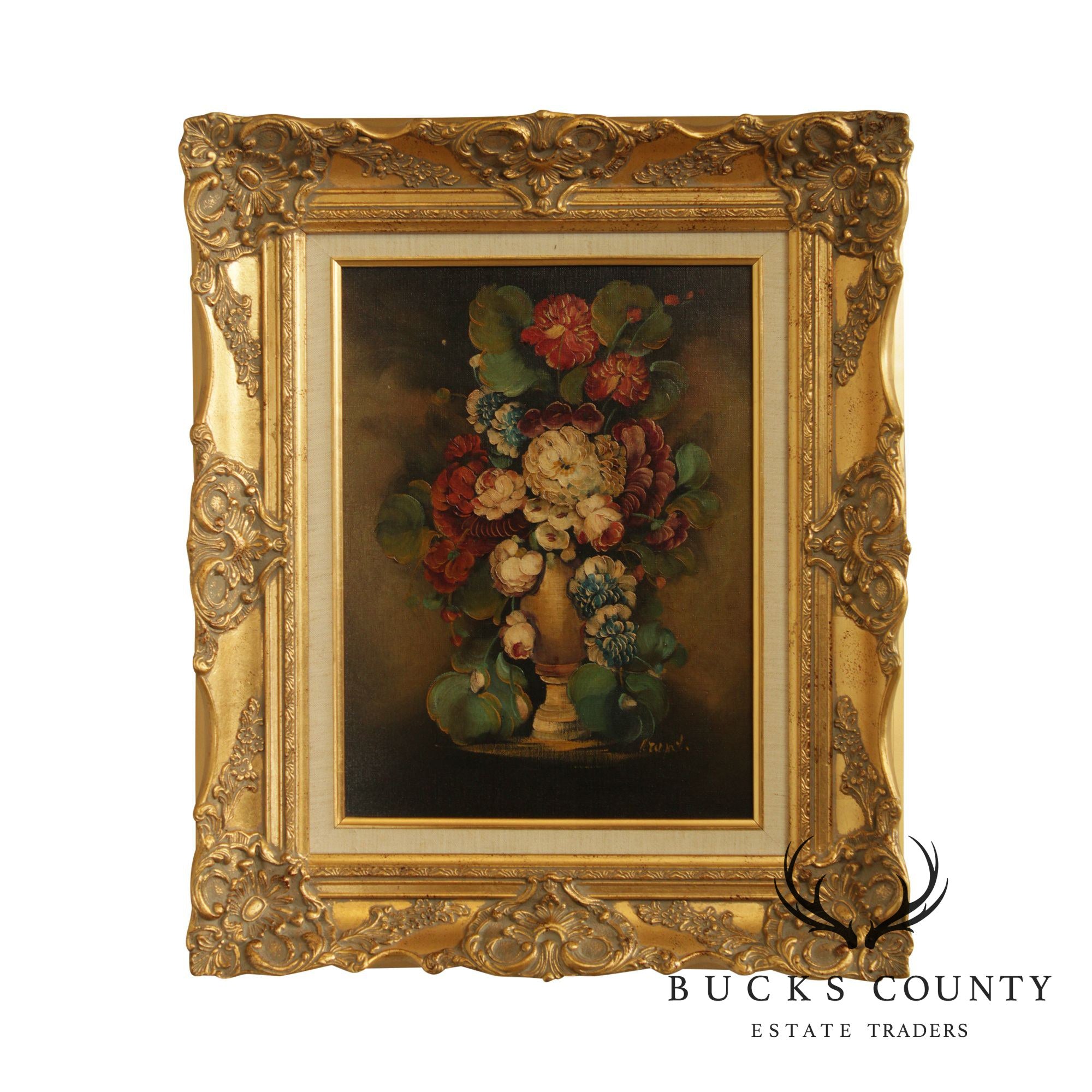 Artist Signed Gilt Frame Oil Painting on Canvas Flowers in Vase