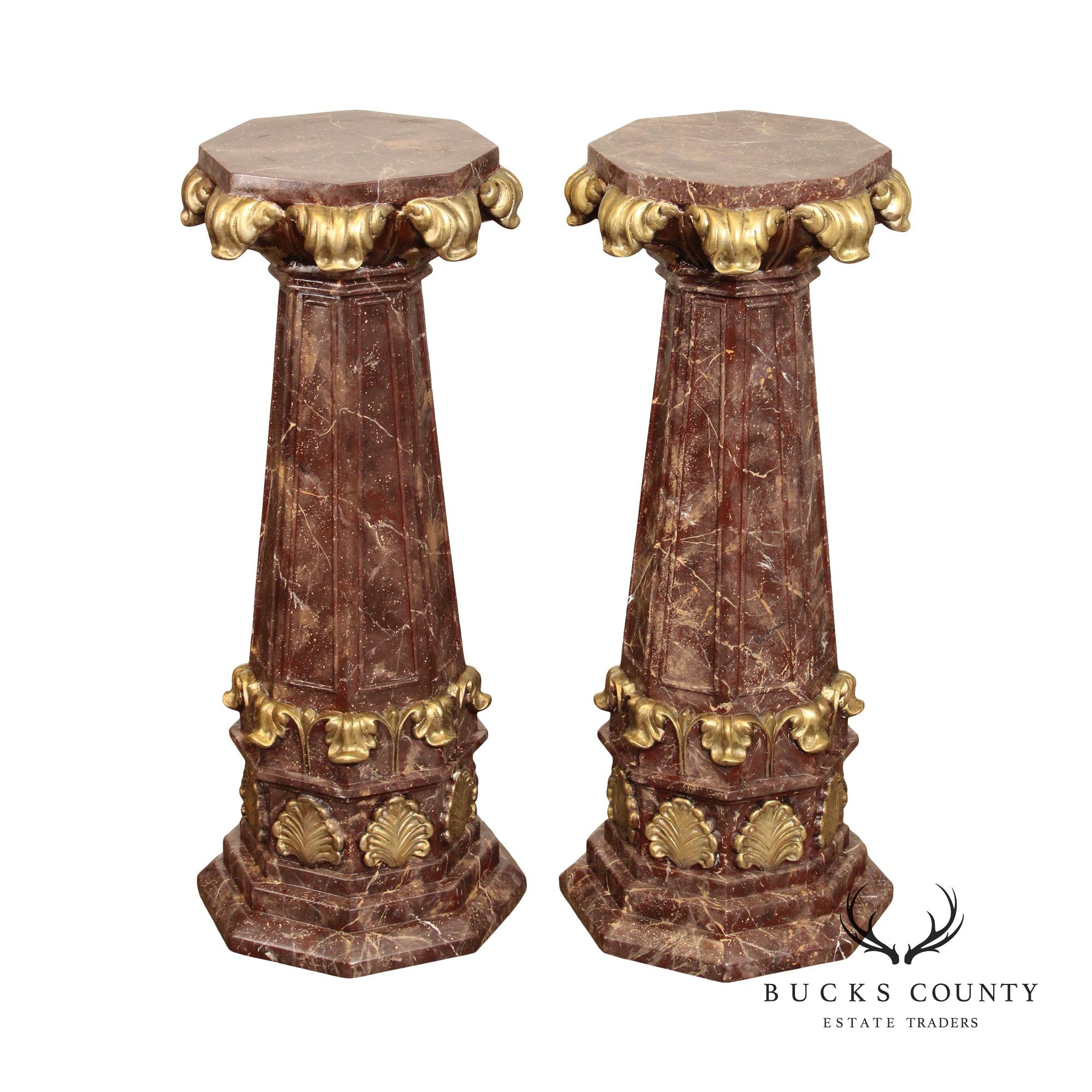 Neoclassical Style Partial Gilt Faux Marble Painted Pair of Column Pedestals