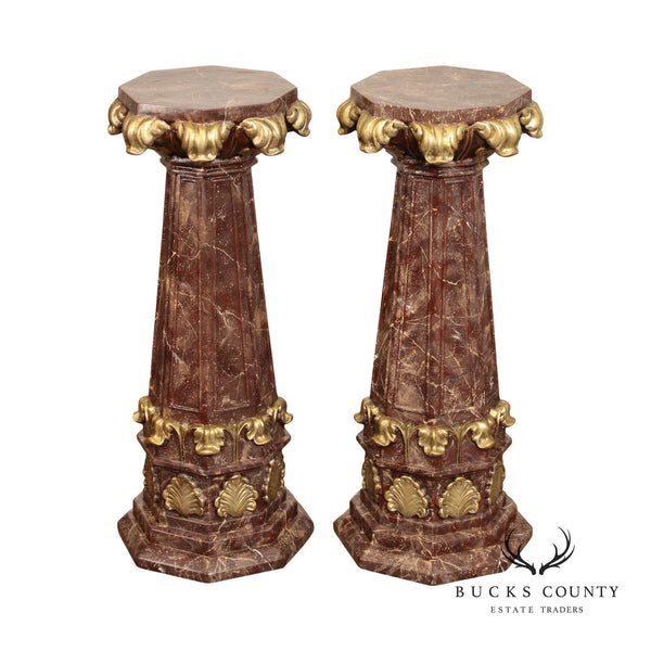 Neoclassical Style Partial Gilt Faux Marble Painted Pair of Column Pedestals