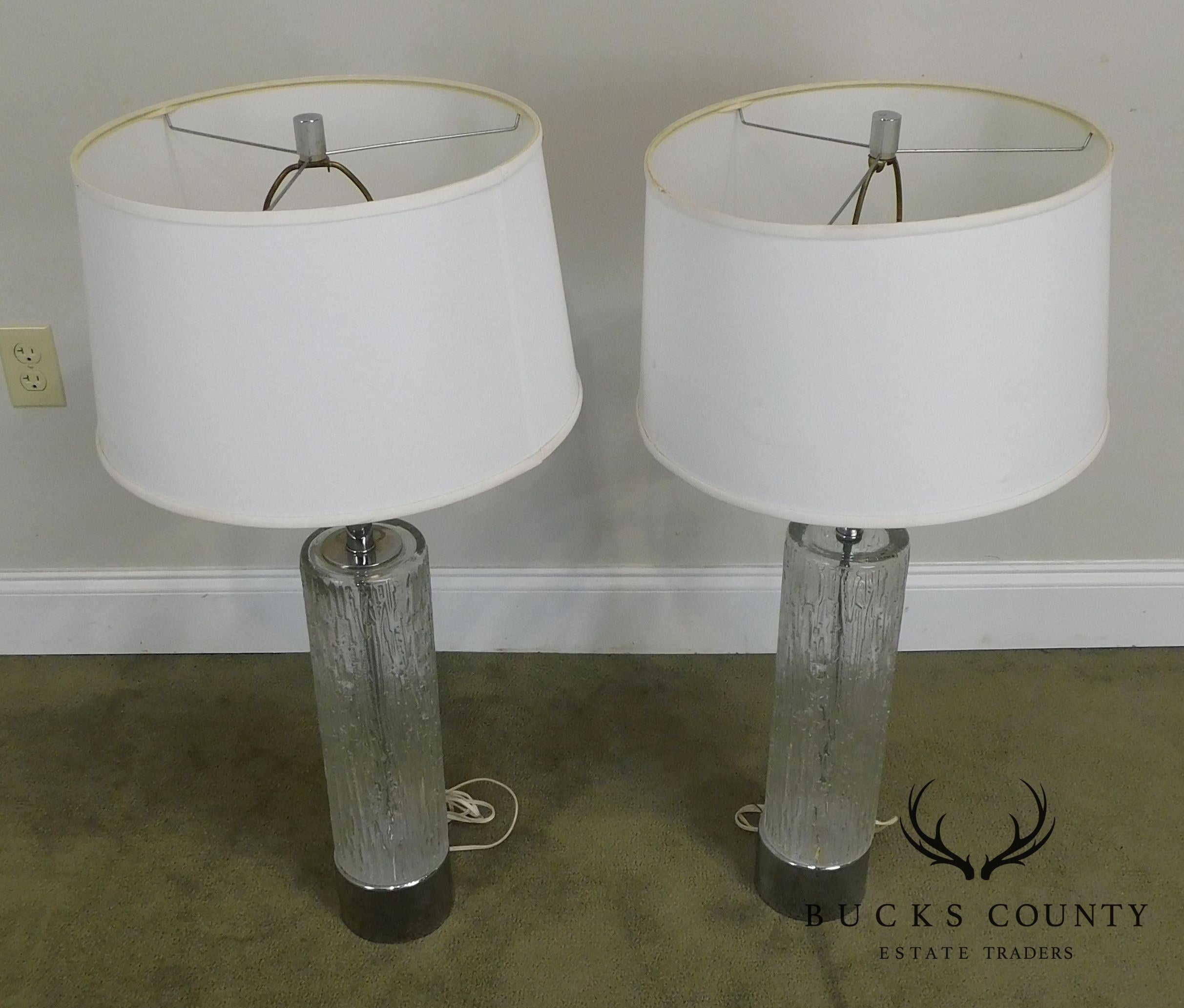 Mid Century Modern Pair of Chrome & Patterned Glass Column Lamps - 1970's