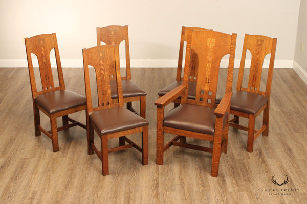 Shop of the Crafters Antique Arts & Crafts Set Six Oak Inlaid Dining Chairs