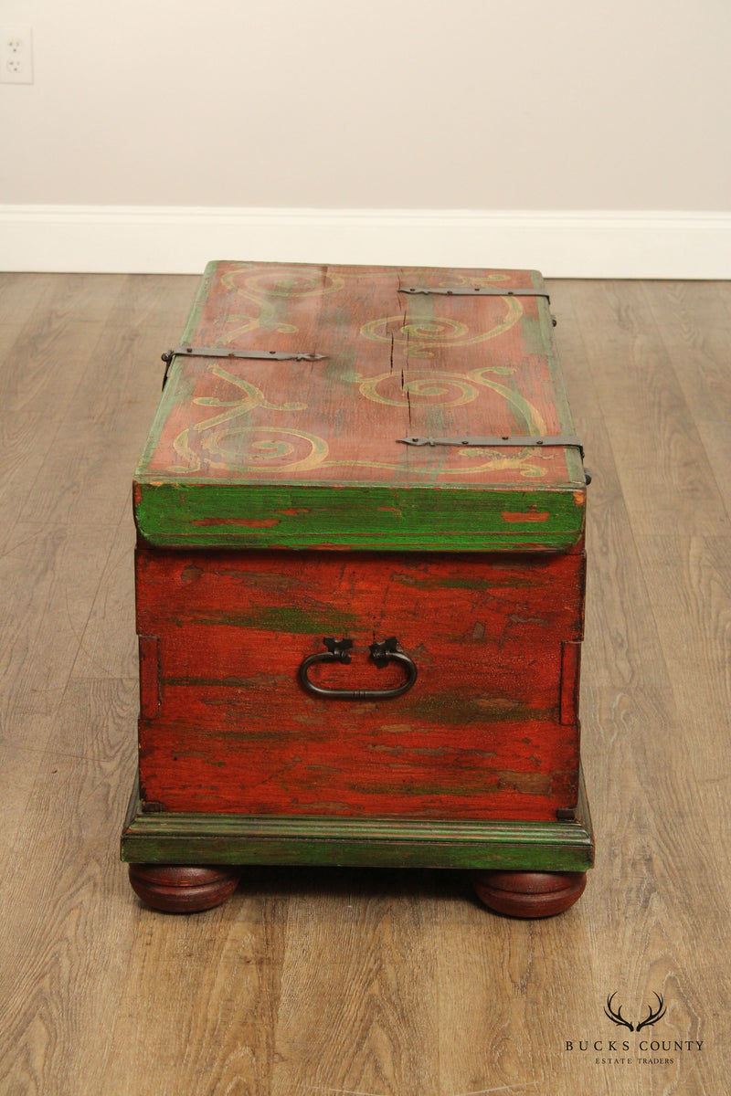 VINTAGE ORNATE HAND PAINTED BESPOKE TRUNK WTH IRON STRAP HINGES