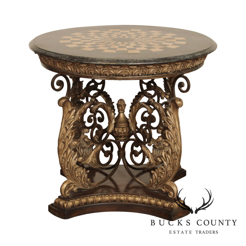 Rococo Style Round Iron Base Inlaid Marble Top Center Table