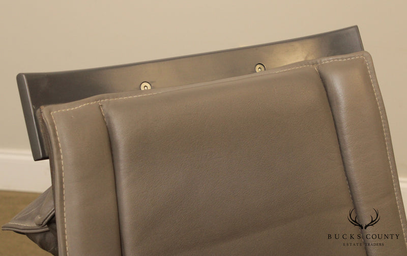 Mid Century Modern Grey Leather Chrome Base Swivel Lounge Chair