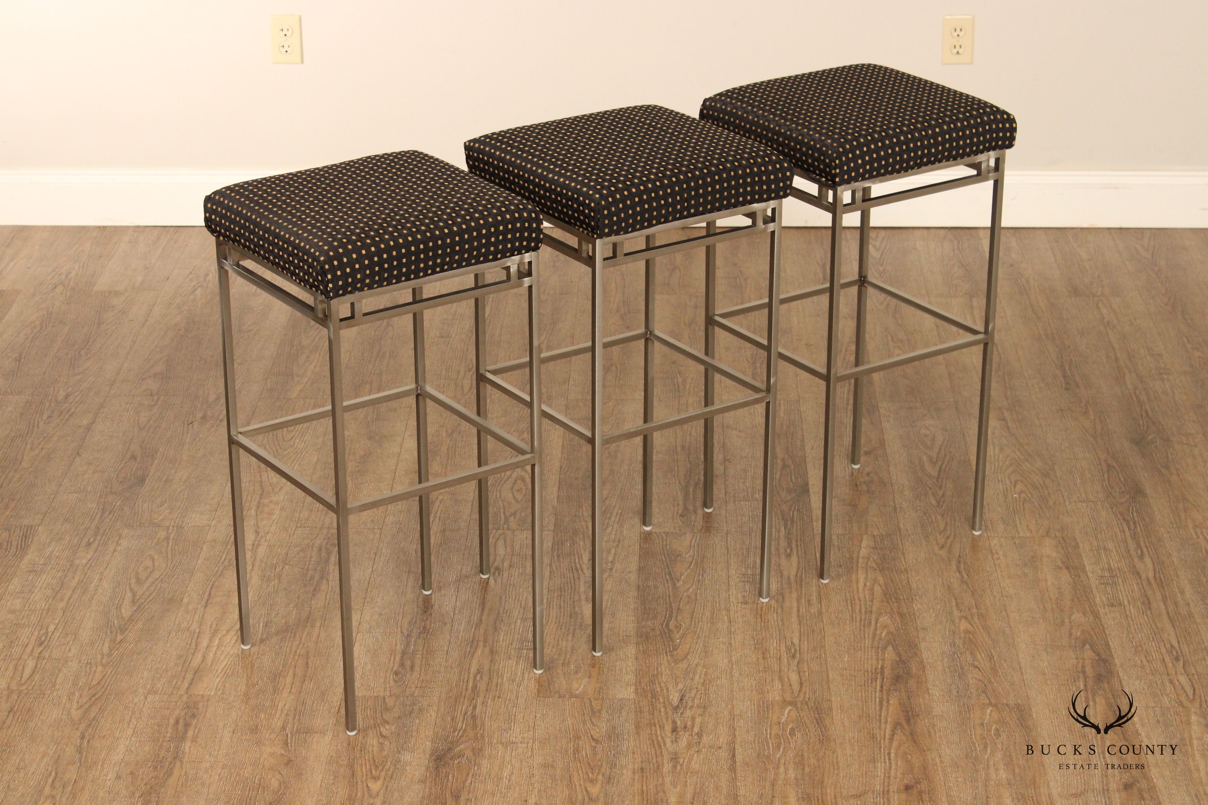 Contemporary Industrial Style Set of Three Metal Frame Bar Stools