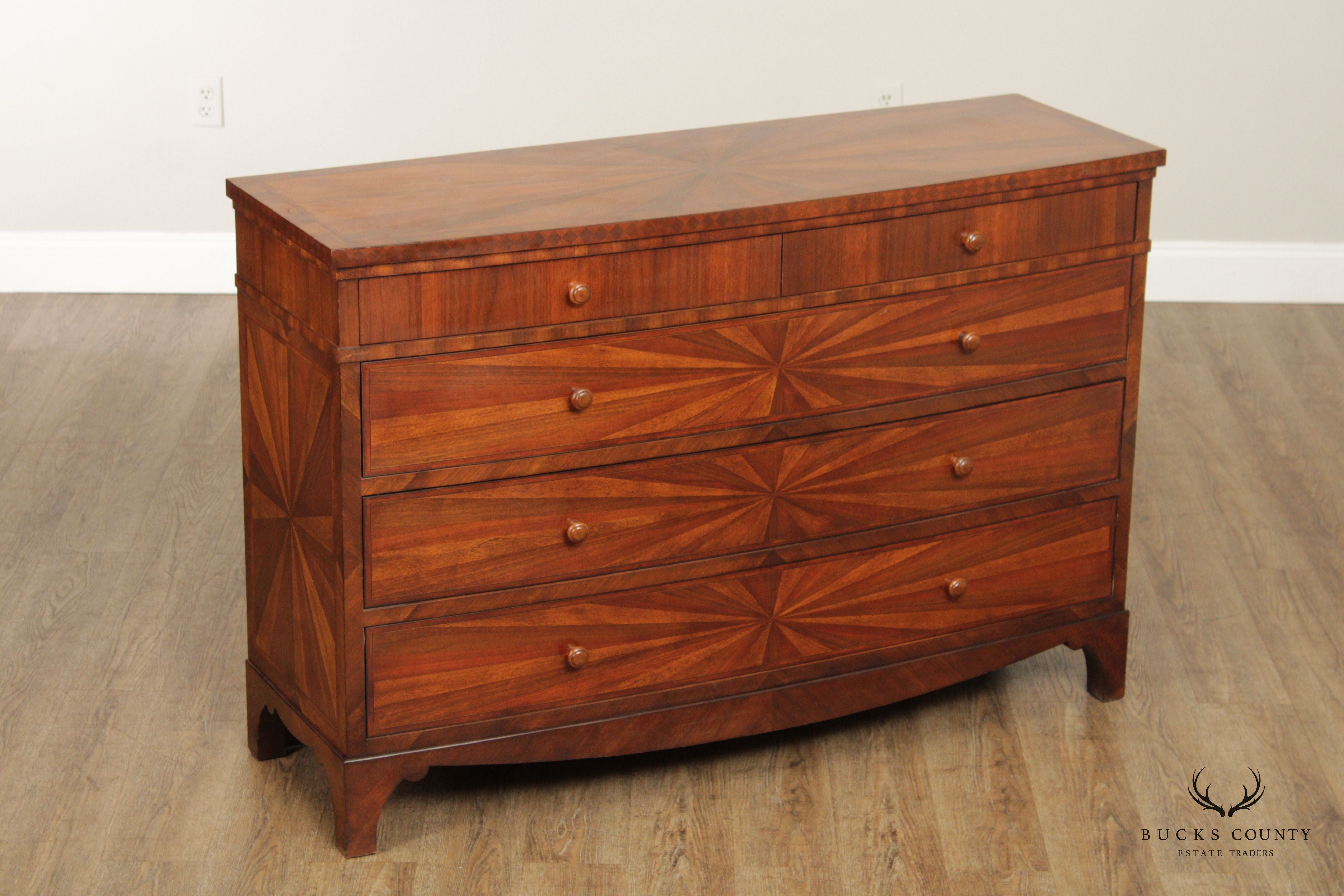 Italian Regency Style Sunburst Inlaid Bowfront Chest of Drawers