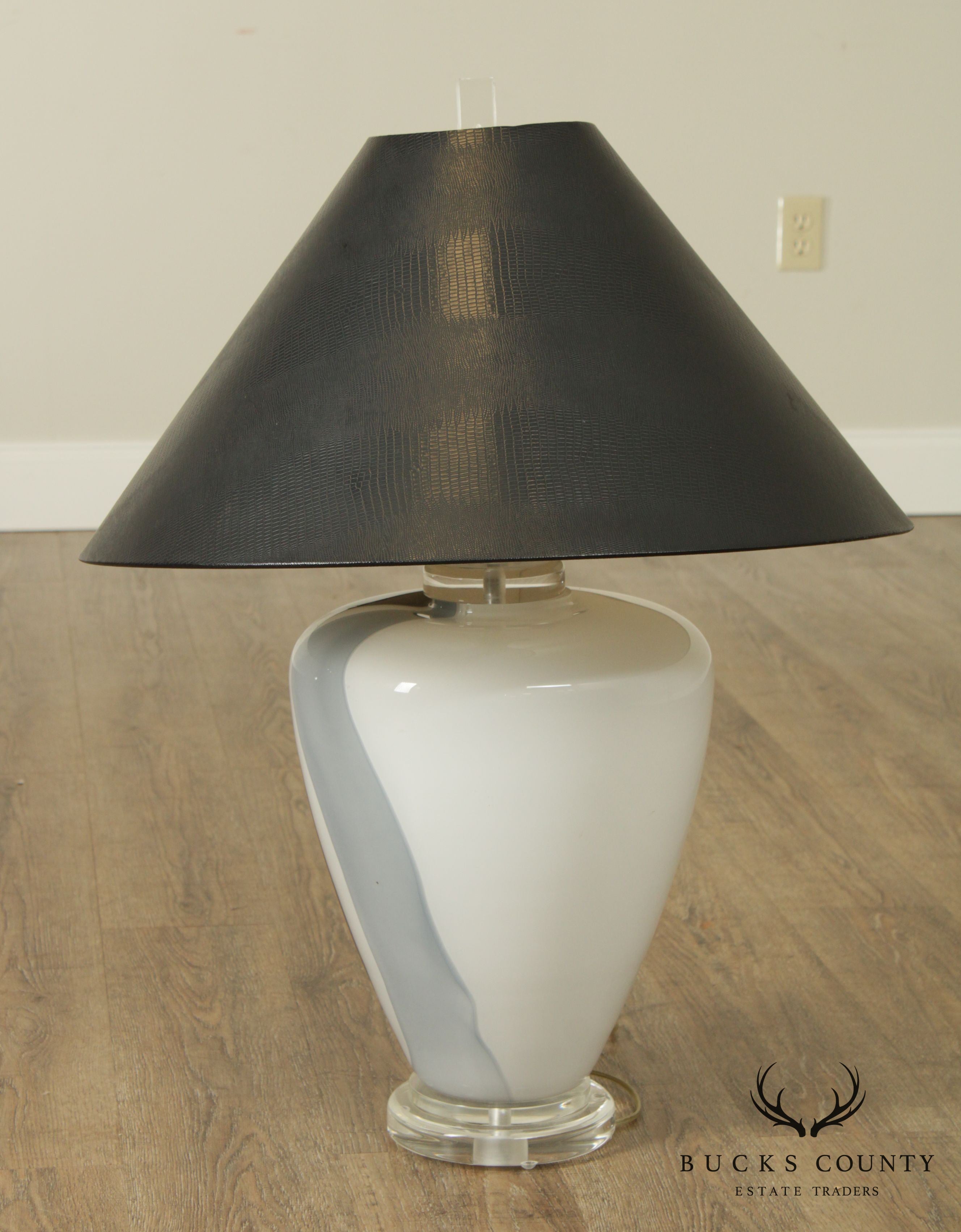 Wescal 1980's Modern Black, White and Grey Art Glass Urn Lamp on Lucite Base