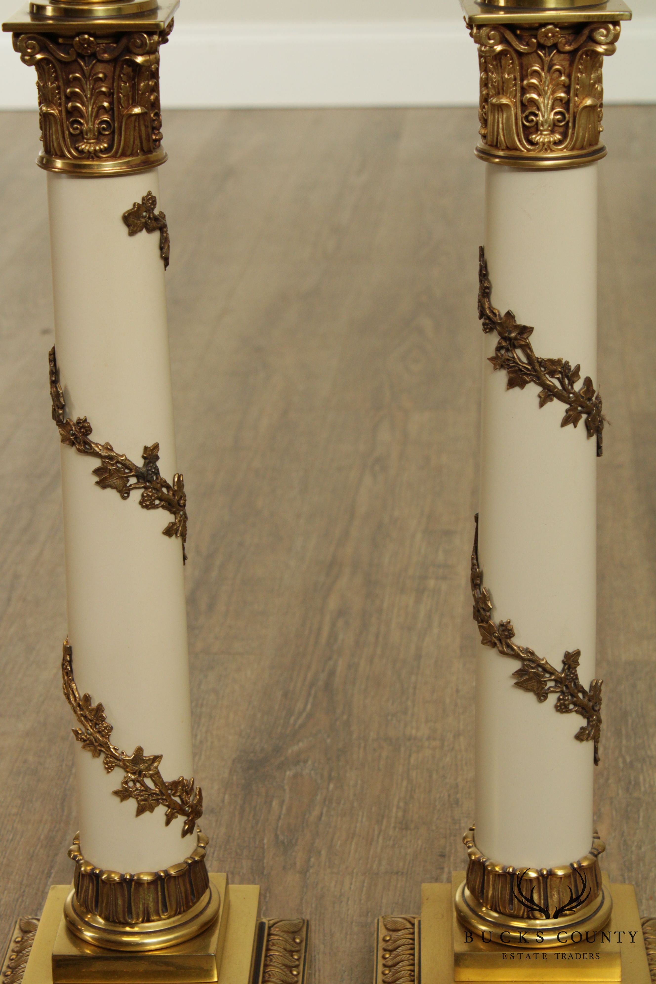 Stiffel Neo-Classical Style Pair Ivory Lacquered And Brass Column Table Lamps