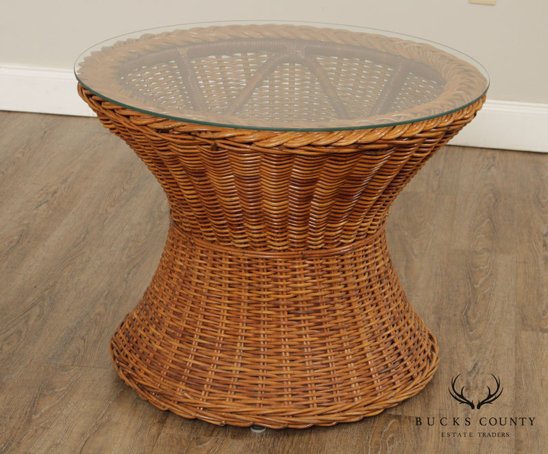 Midcentury Round Glass Top Wicker Side Table