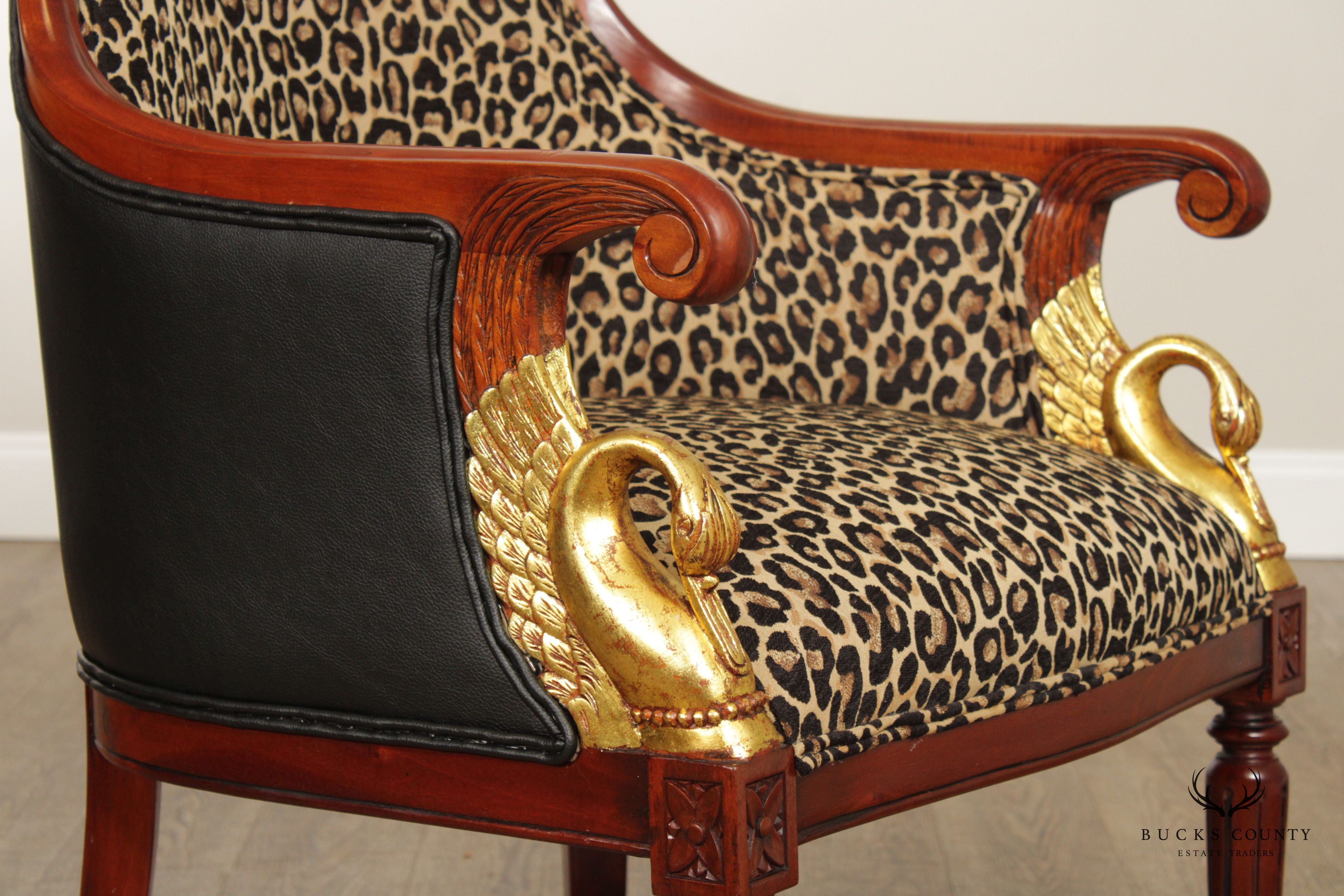 French Directoire Empire Style Pair of Mahogany Carved Swan Armchairs