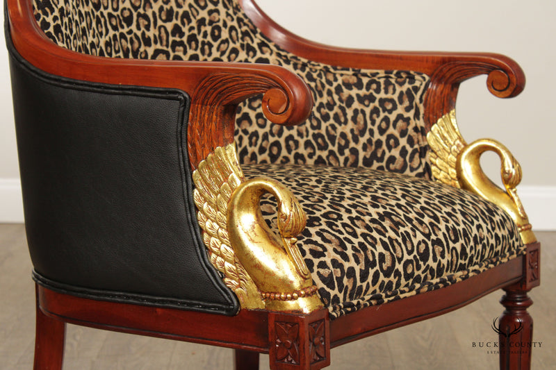 French Directoire Empire Style Pair of Mahogany Carved Swan Armchairs