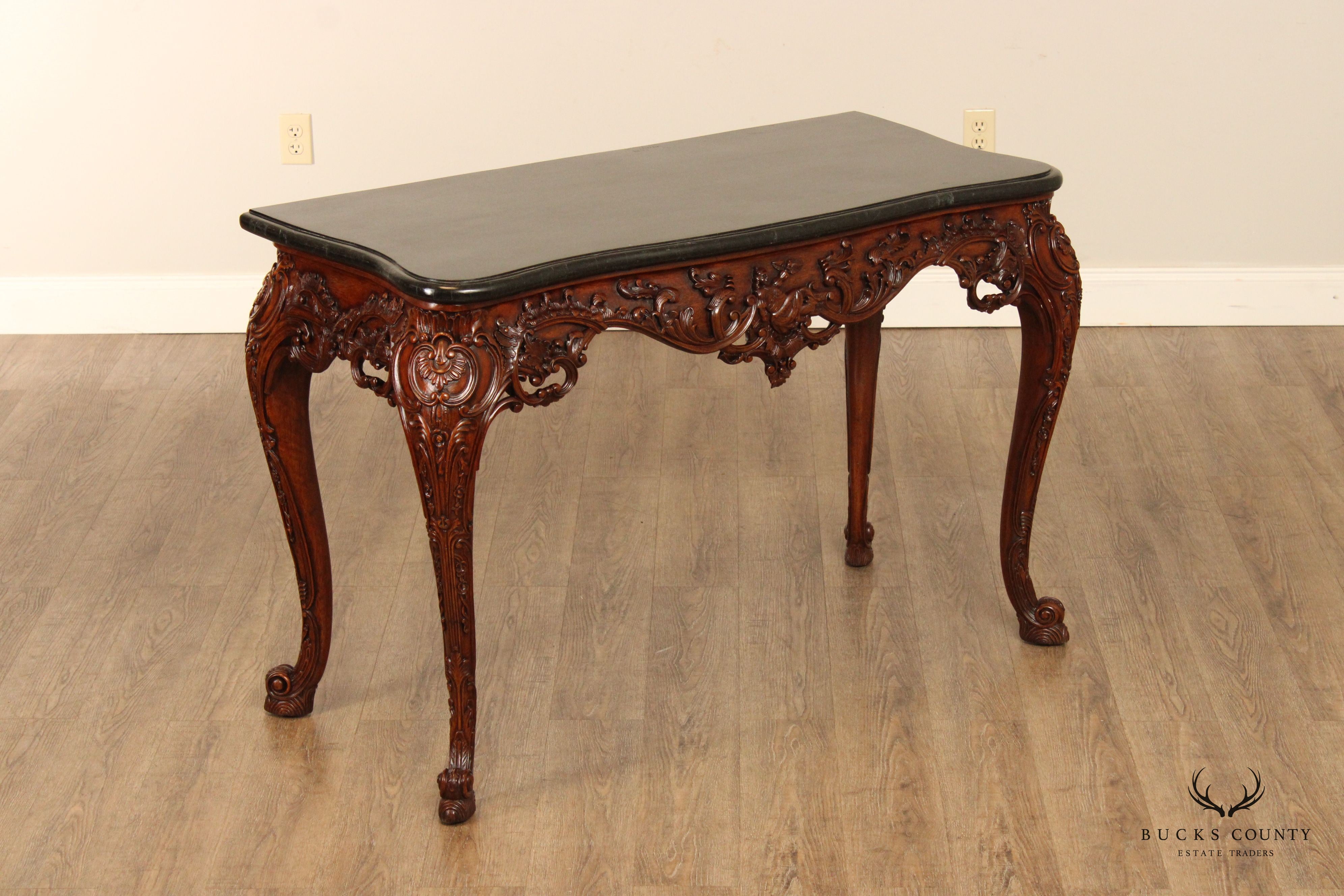 Maitland Smith Rococo Style Tessellated Marble Top Carved Mahogany Console