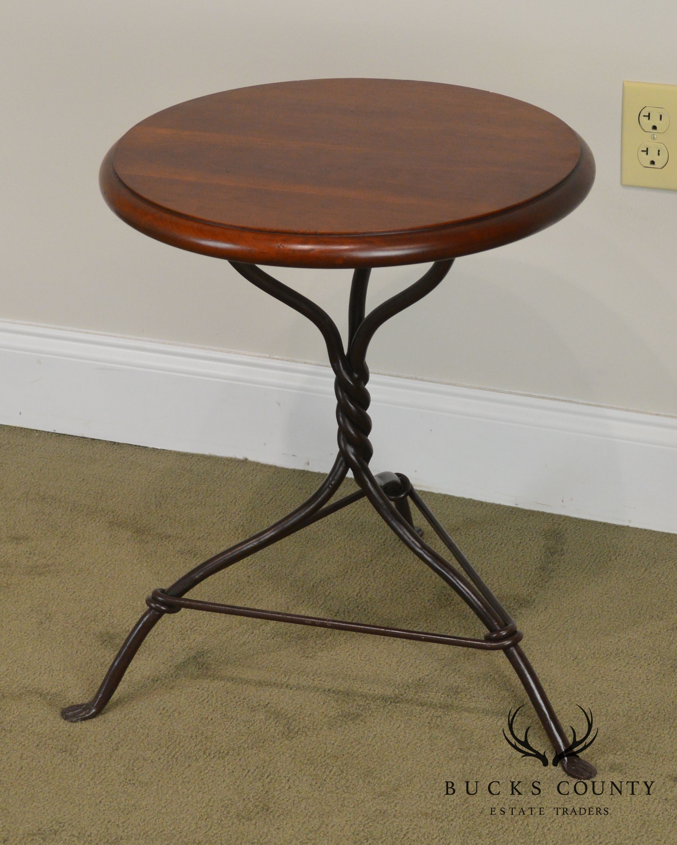 Charleston Forge Pair Twist Iron Base Round Cherry Top Side Tables