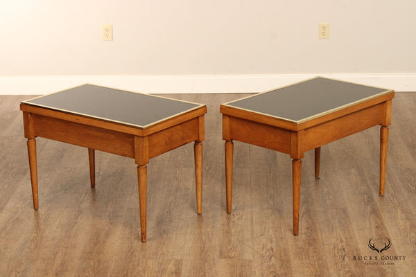 Mid Century Modern Directoire Style Pair of Black Glass Top Fruitwood Side Tables