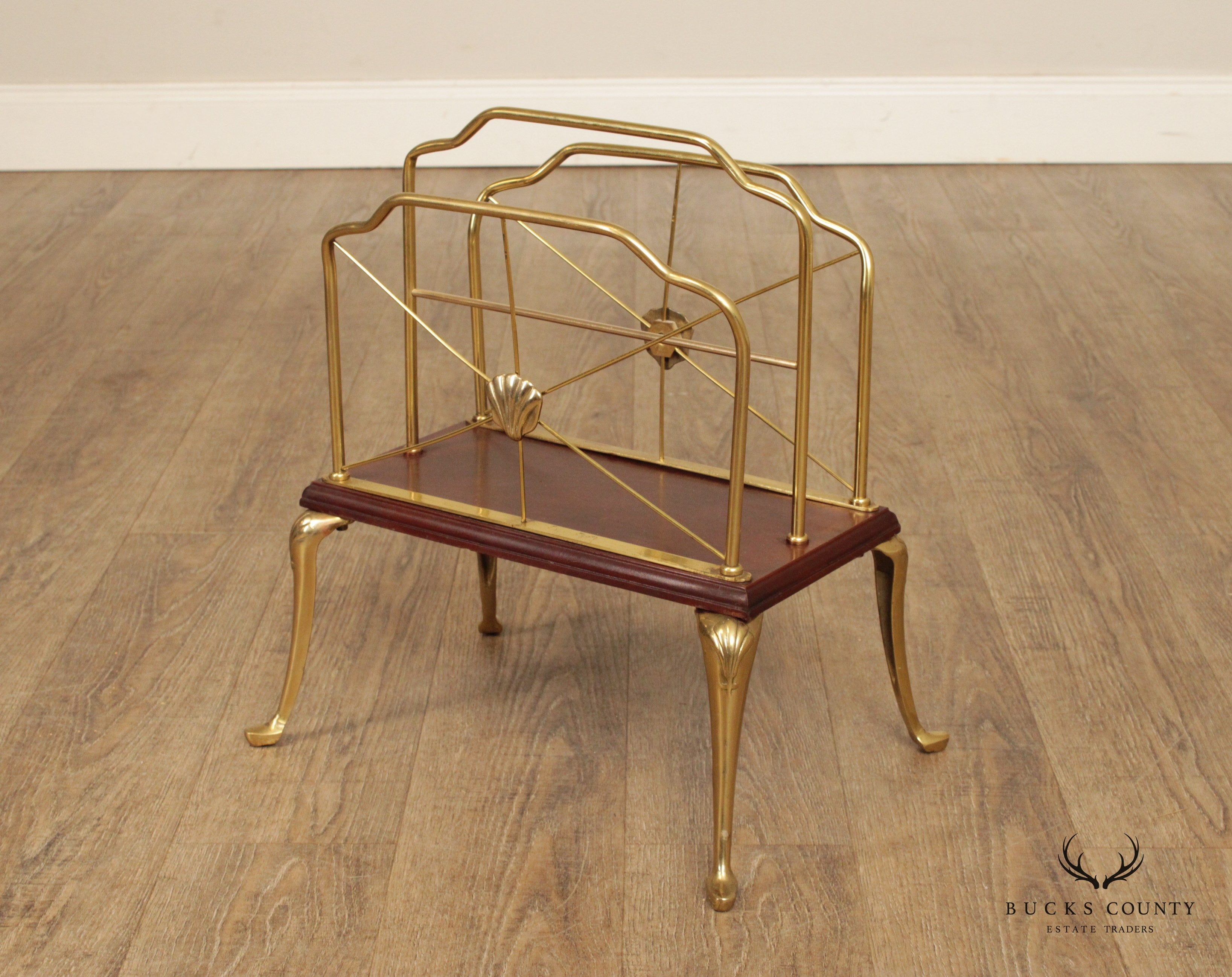 Decorative Crafts Inc. Regency Style Pair of Brass and Cherry Magazine Racks