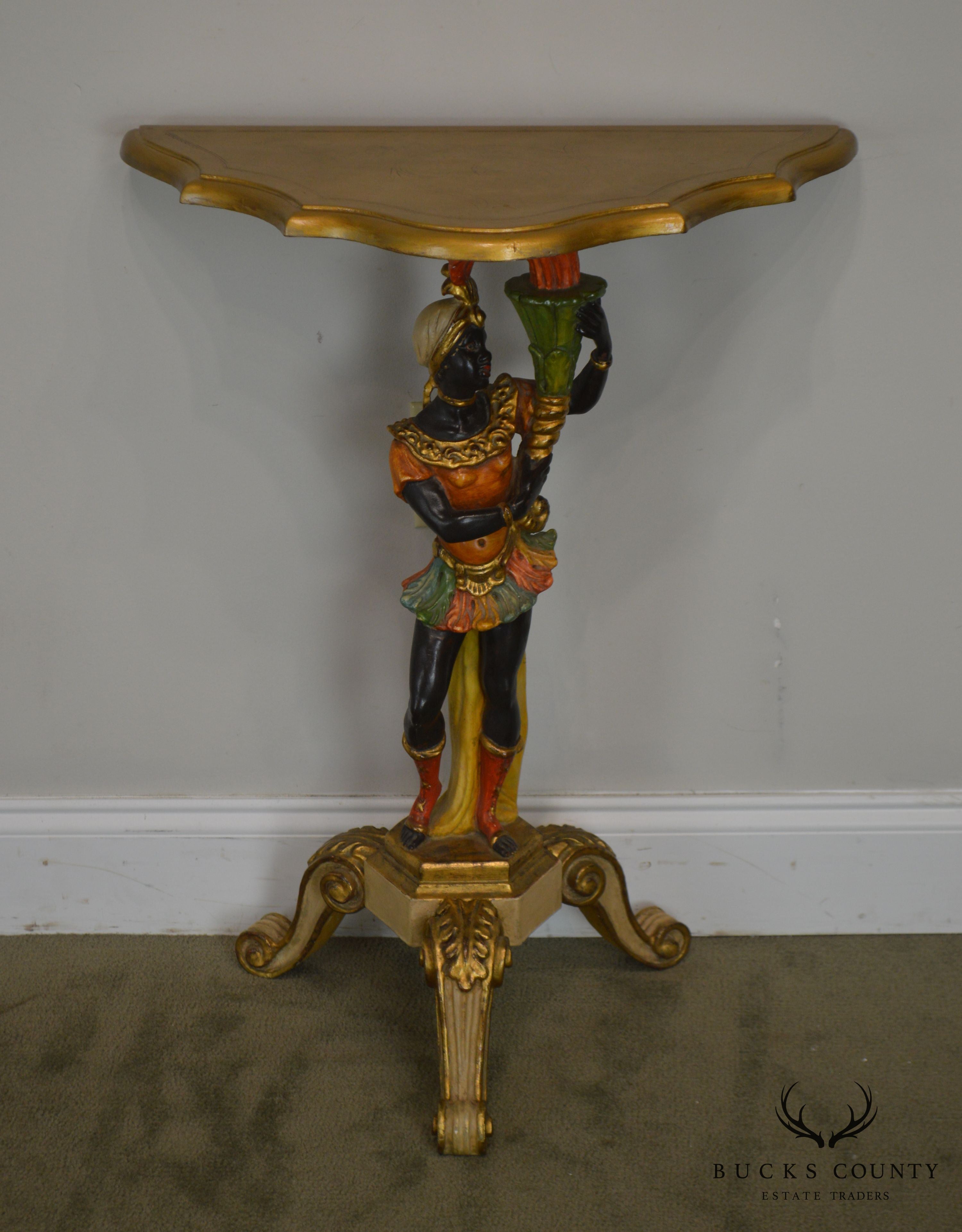 Italian Vintage Gilt Polychrome Carved Blackamoor Pedestal Console Table